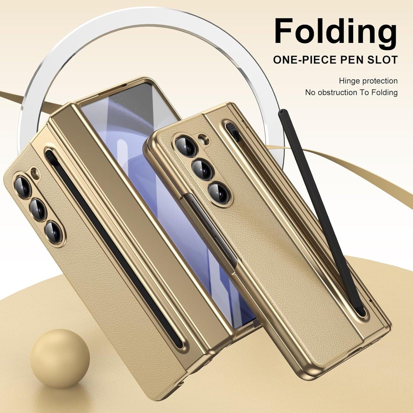 Lightweight phone case for Samsung Galaxy Z Fold5, hinged case supports wireless charging with lens protection, screen protector, complimentary stylus, drop-proof and fingerprint resistant