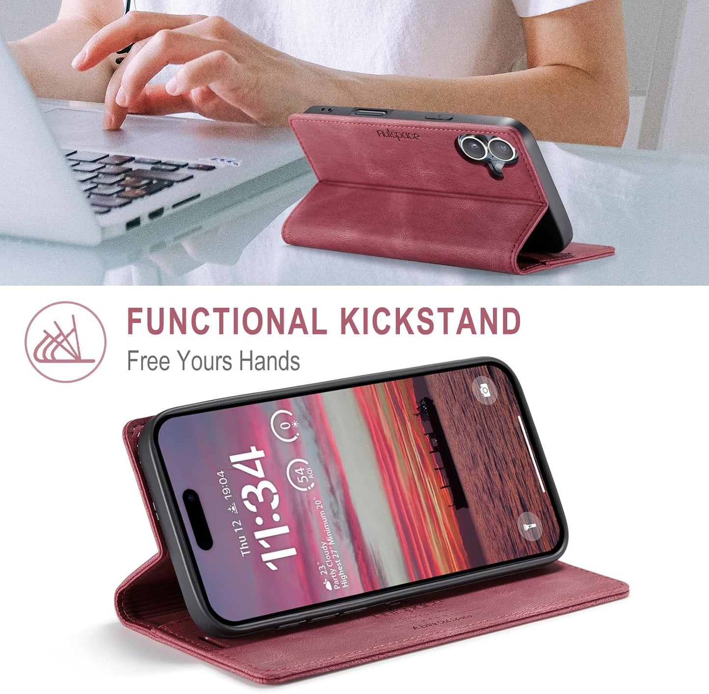 Retro frosted soft leather mobile phone case for iPhone 16, RFID (anti-theft swipe), wallet card slot flip cover stand, Red