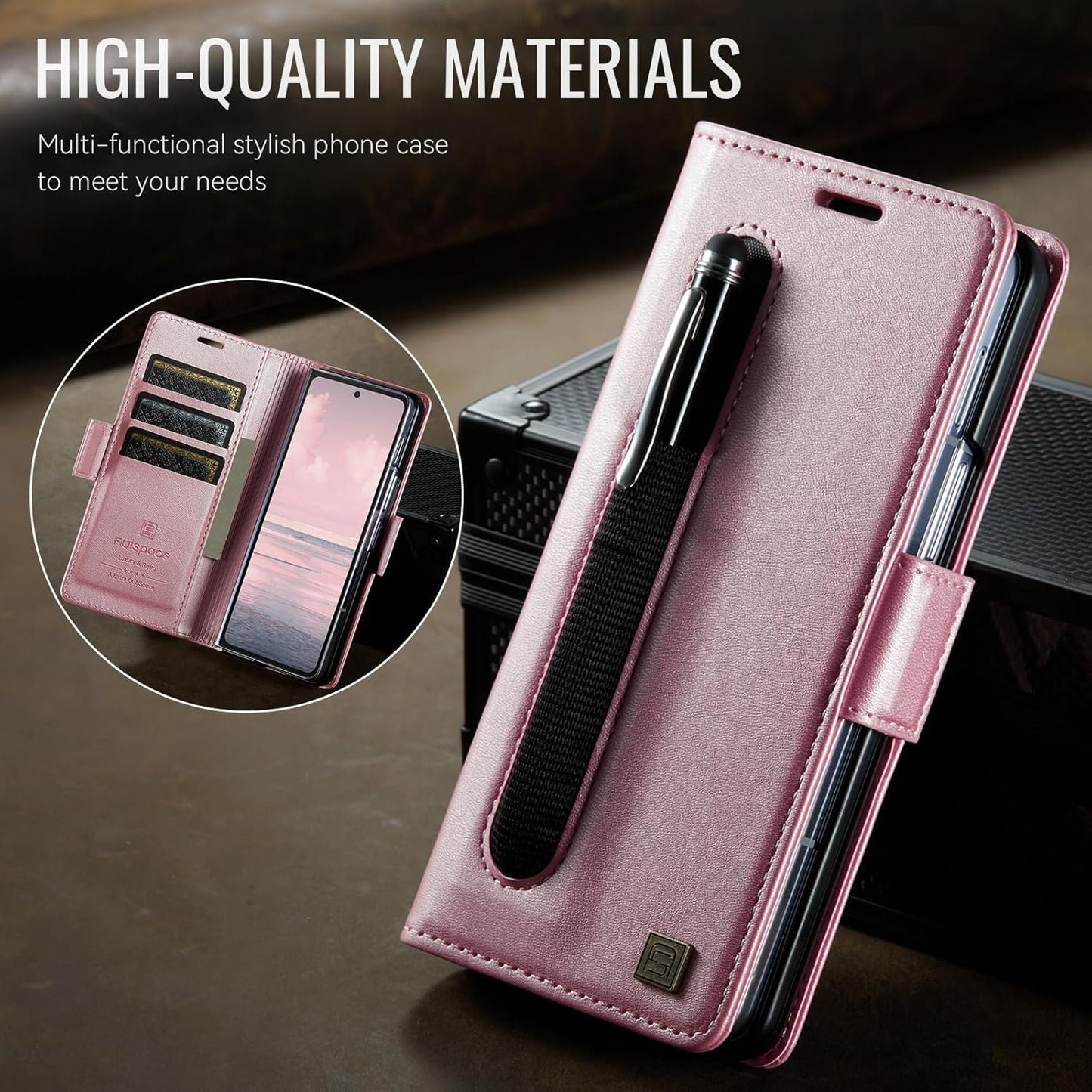 iTape Soft leather wallet case for Samsung Z Fold6, RFID (anti-theft), wallet card slot flip cover stand for Samsung Z Fold6 Support wireless charging Rose Gold