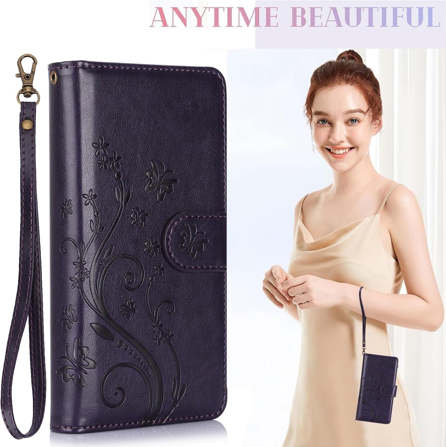 iTape Orchid Butterfly Phone Case for Google Pixel 9 with Multiple Card Slots Wallet, Magnetic Closure Bracket, Shockproof Protective Phone Case Wristband