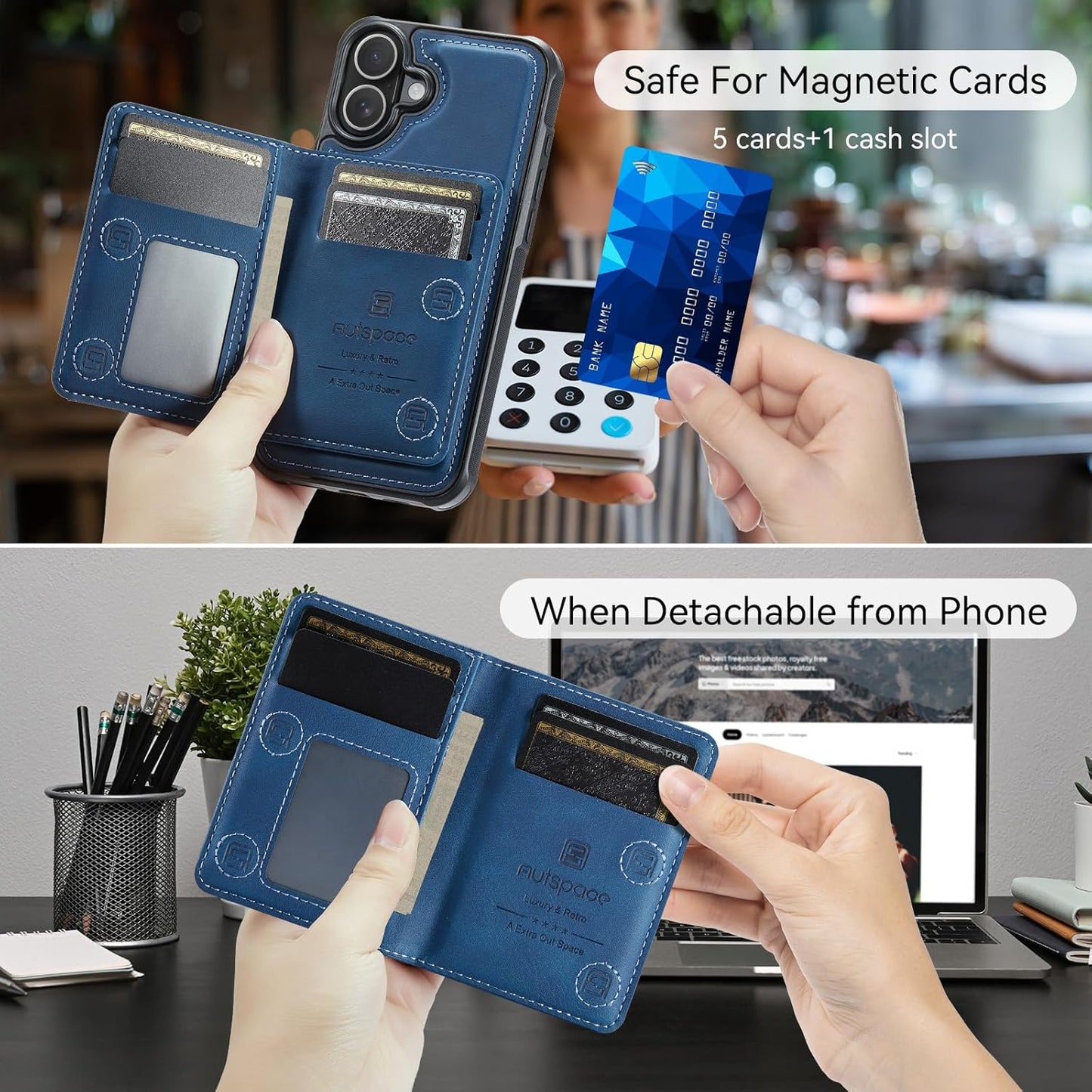 Double magnetic card holder mobile phone case for iPhone 16, RFID (anti-theft), supports car magnetic suction function + multi-directional bracket Blue