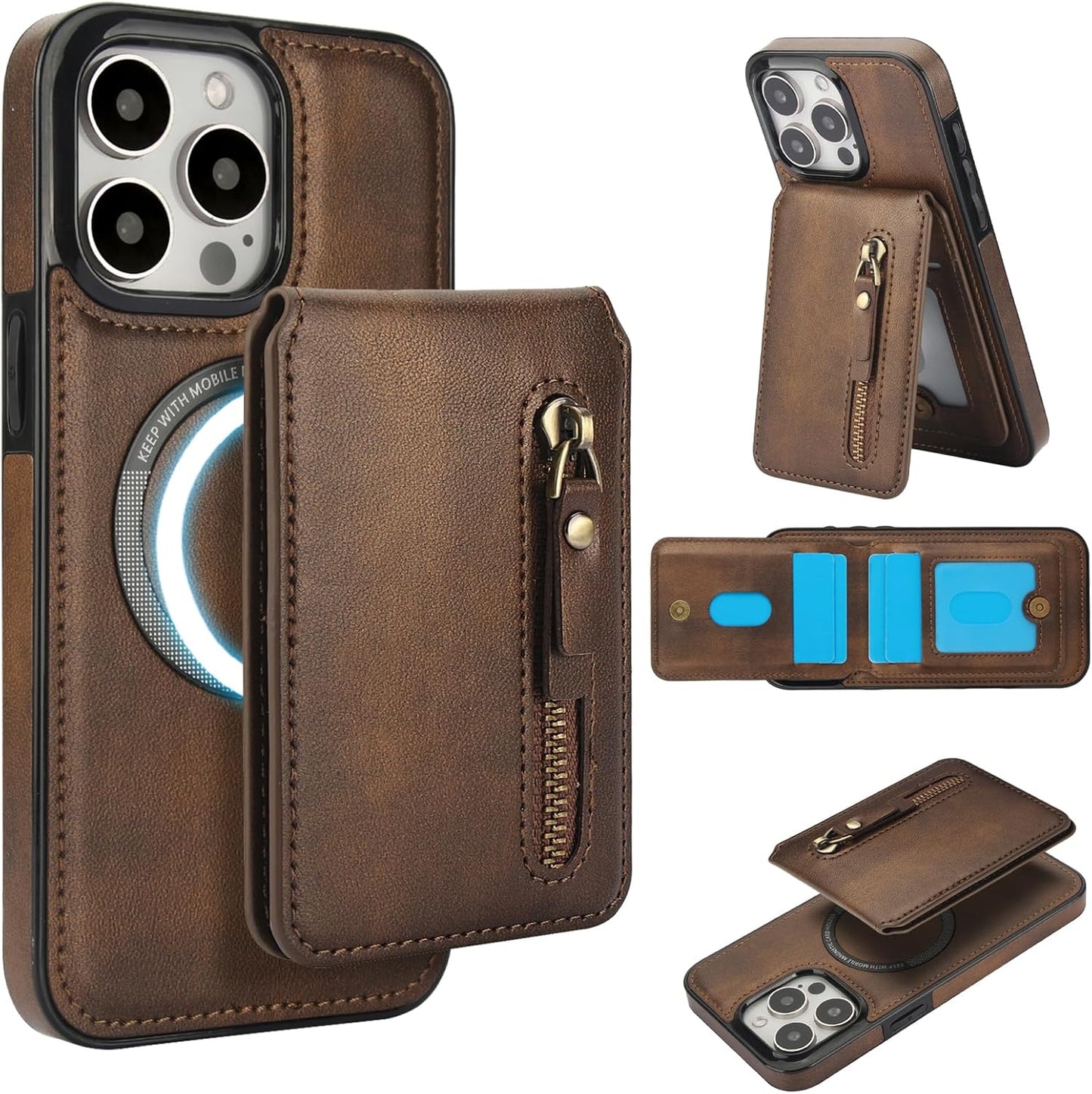 Magnetic card holder phone case suitable for iPhone 15 Pro max, zipper magnetic split magnetic wallet with adjustable bracket Brown