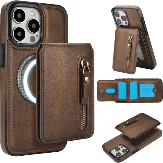 Magnetic card holder phone case suitable for iPhone 15 Pro max, zipper magnetic split magnetic wallet with adjustable bracket Brown
