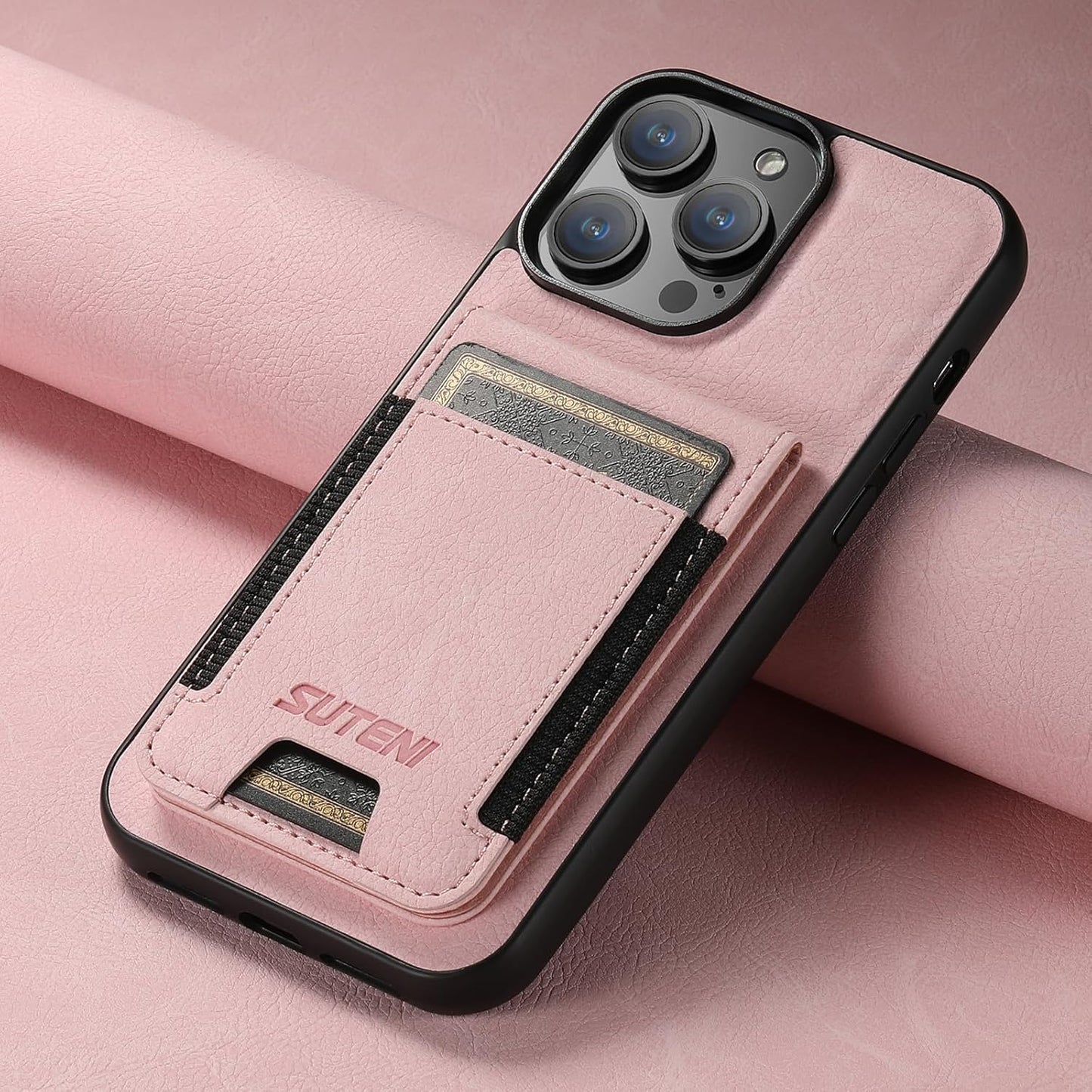 Litchi Texture Phone Case for iPhone 15 Pro - Ultra-thin Simple Card Holder Phone Case with Stand Durable Buffer [Shockproof TPU Inner Shell] Pink
