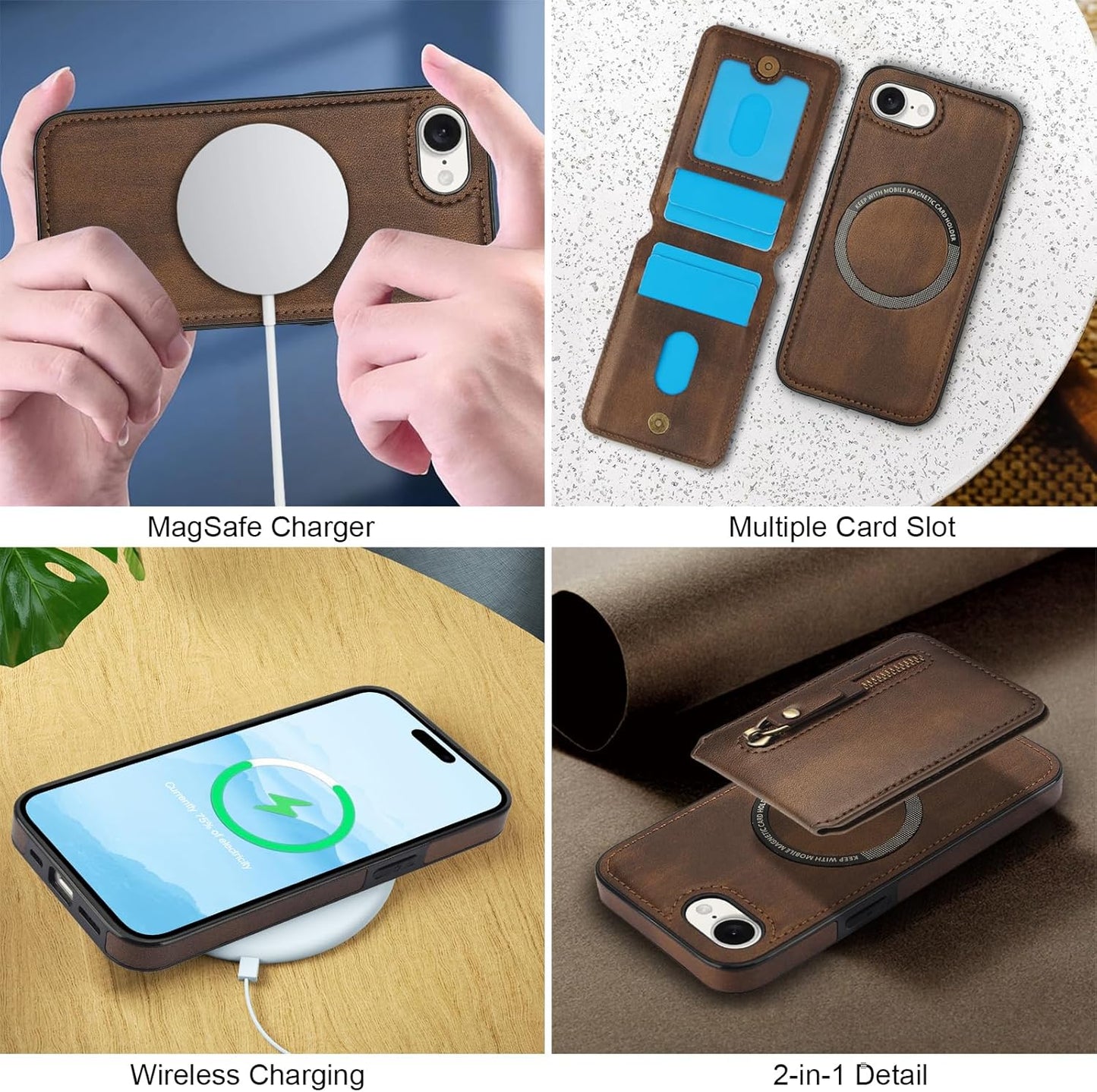Magnetic card holder phone case suitable for iPhone 16E, zipper magnetic split magnetic wallet with adjustable bracket