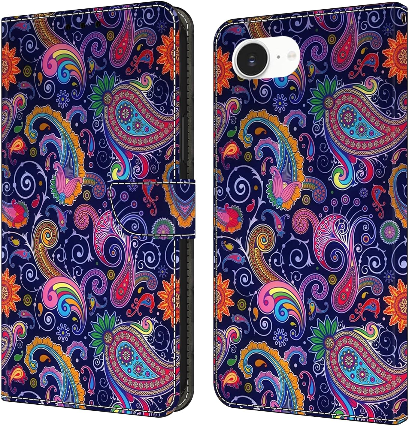 Graffiti wallet phone case for iPhone 16E, shockproof phone case, card slot wallet, flip stand phone case Mandala animal feather pattern