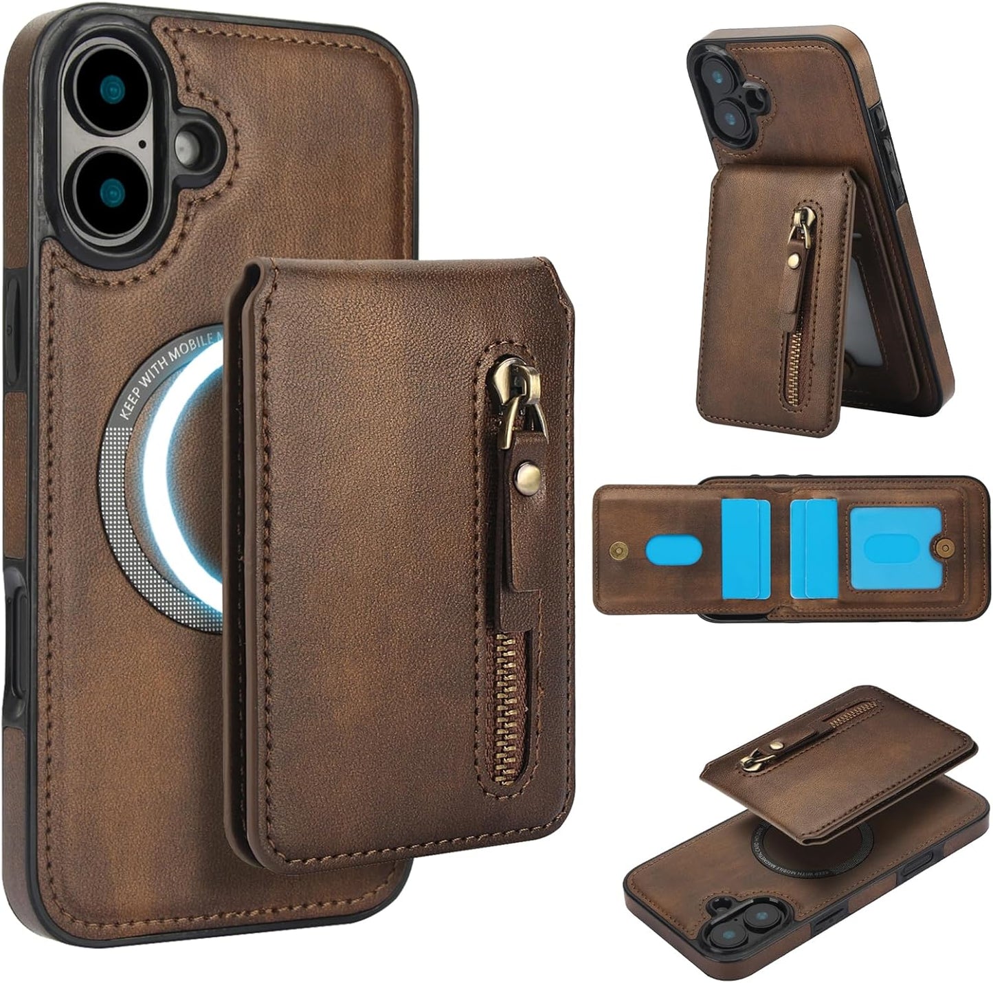 Magnetic card holder phone case suitable for iPhone 16, zipper magnetic split magnetic wallet with adjustable bracket Red
