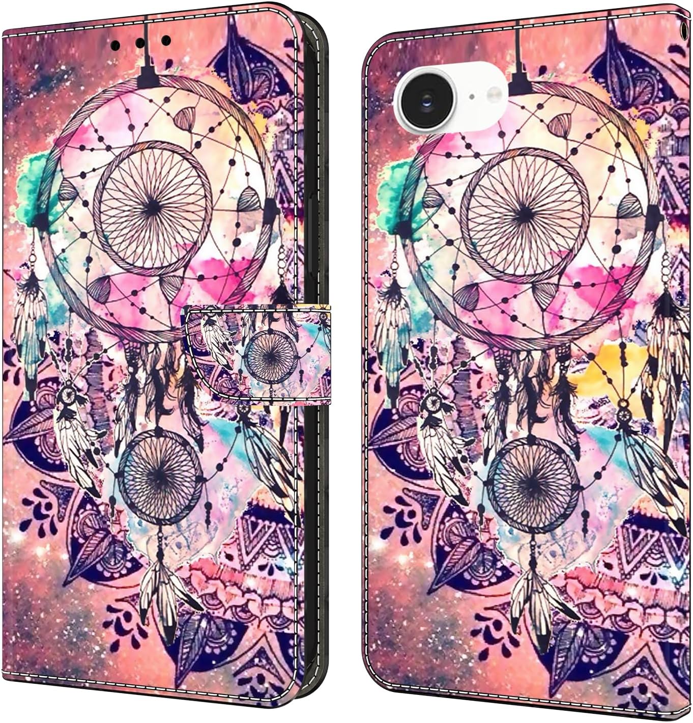 Graffiti wallet phone case for iPhone 16E, shockproof phone case, card slot wallet, flip stand phone case Mandala animal feather pattern