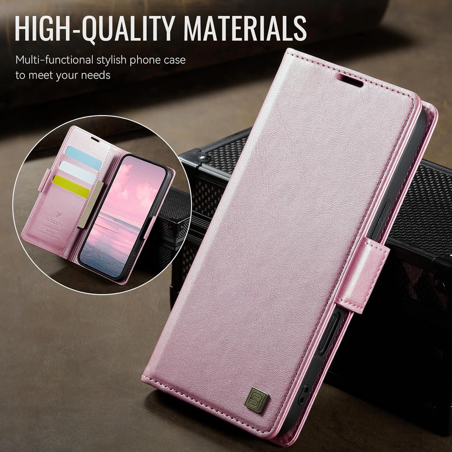 Soft leather wallet case for iPhone 16, RFID (anti-theft), wallet card slot flip cover stand for iPhone 16 Support wireless charging Rose Gold