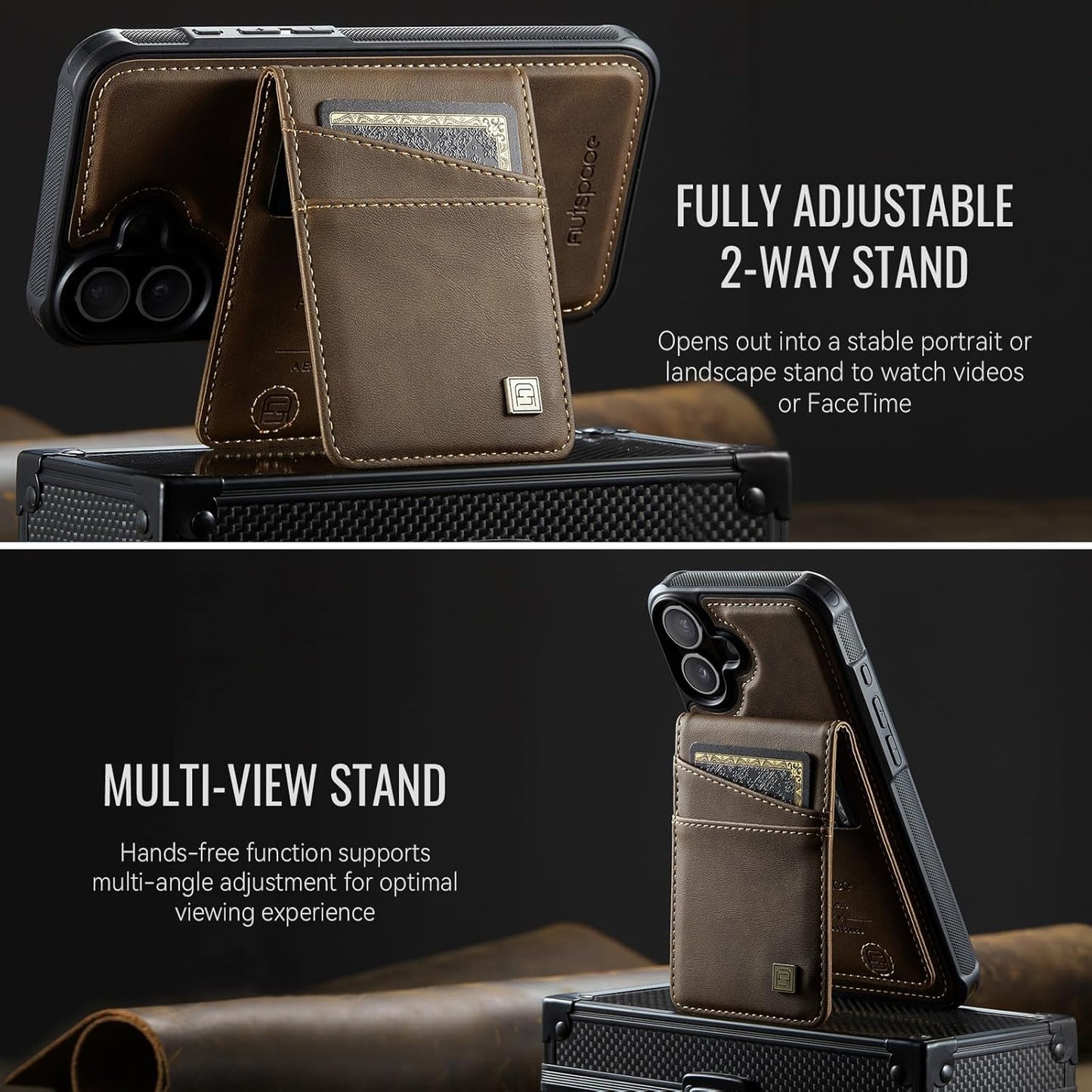 Up and down card holder mobile phone case suitable for iPhone 16 Plus, RFID (anti-theft), supports car magnetic suction function, card slot wallet holder Brown
