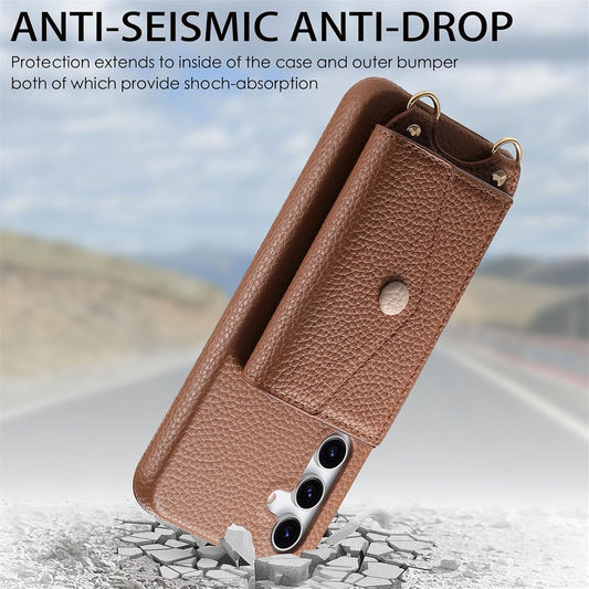 iTape Card Holder Wallet Phone Case for Samsung Galaxy A54 5G, Shockproof Ultra-thin Phone Case, Makeup Mirror with Crossbody Strap Brown
