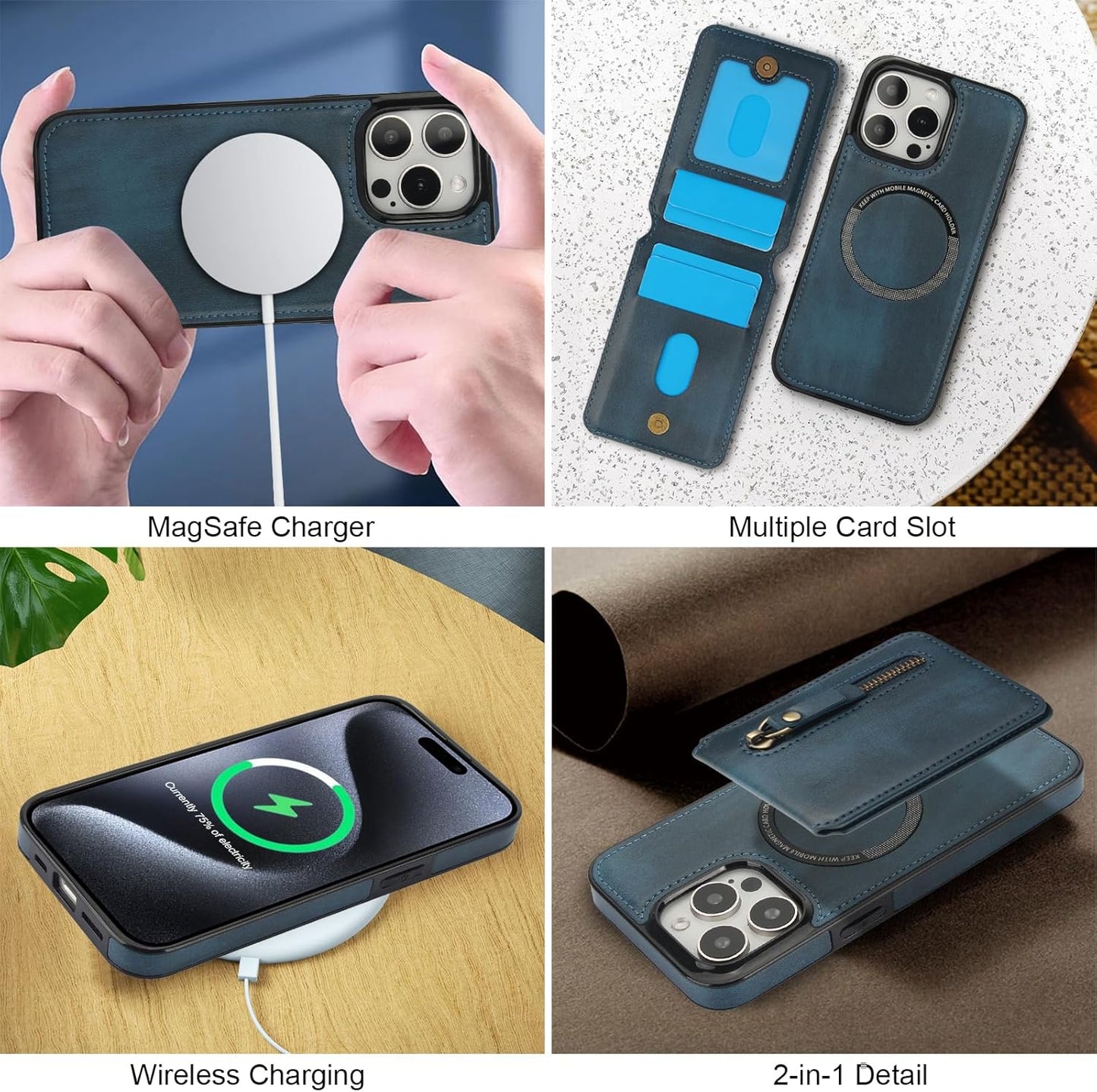 Magnetic card holder phone case suitable for iPhone 15 Pro, zipper magnetic split magnetic wallet with adjustable bracket Black