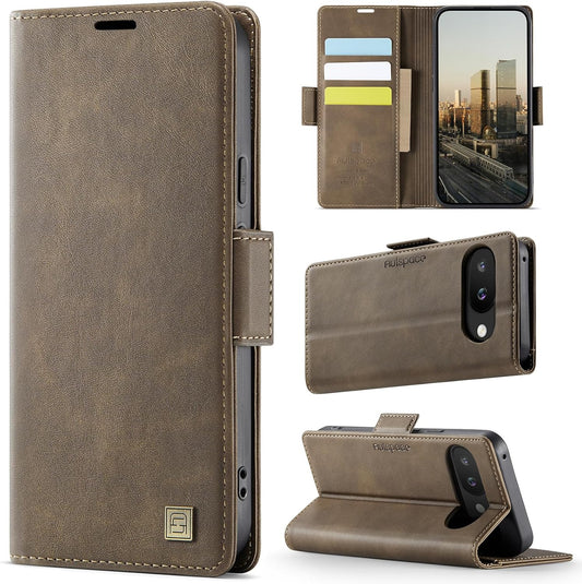iTape Soft leather wallet case for Google Pixel 9a, RFID (anti-theft), wallet card slot flip cover stand for Google Pixel 9a Support wireless charging Brown