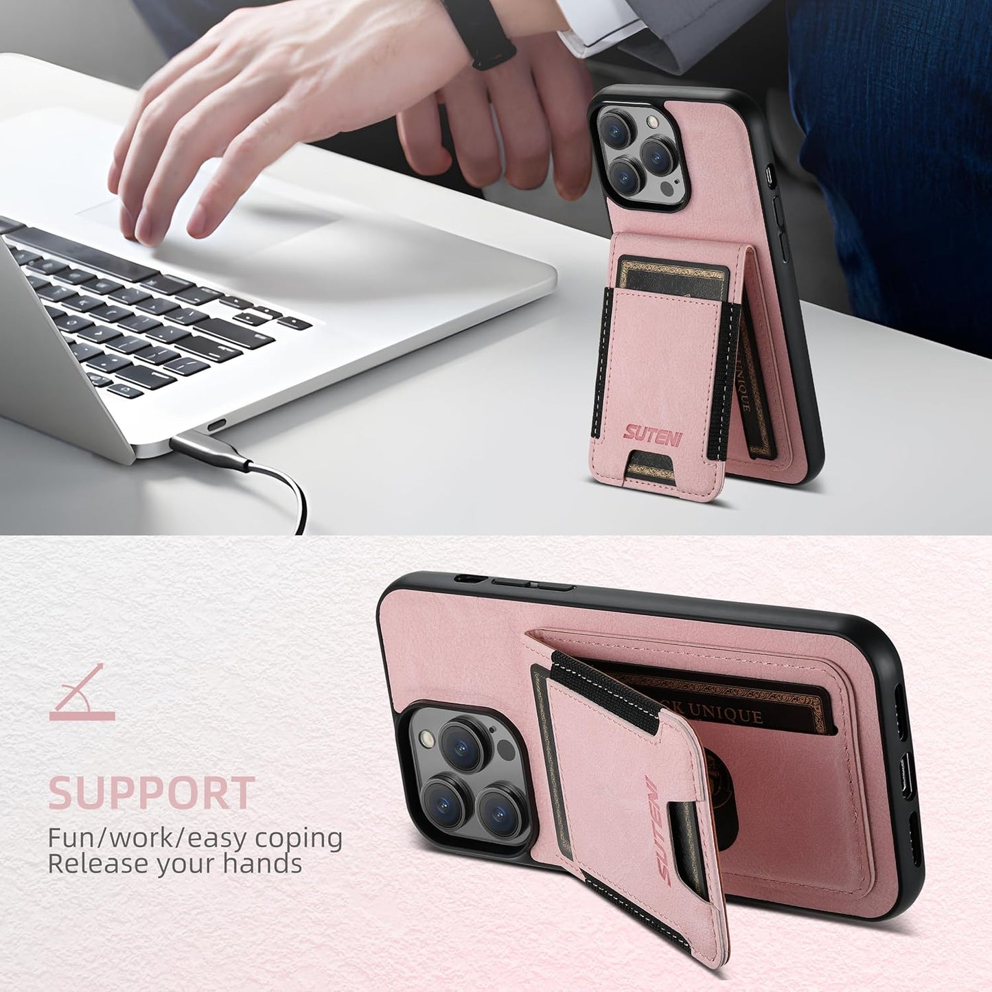 Litchi Texture Phone Case for iPhone 15 Pro max - Ultra-thin Simple Card Holder Phone Case with Stand Durable Buffer [Shockproof TPU Inner Shell] Pink