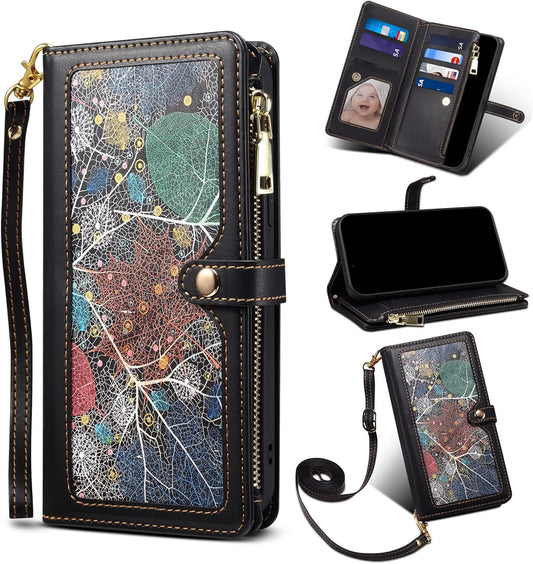 iTape Wallet case for Samsung Galaxy A55-5G, card slot photo frame flip stand phone protective case (RFID anti-theft brush) with wrist strap, cross-body strap Black