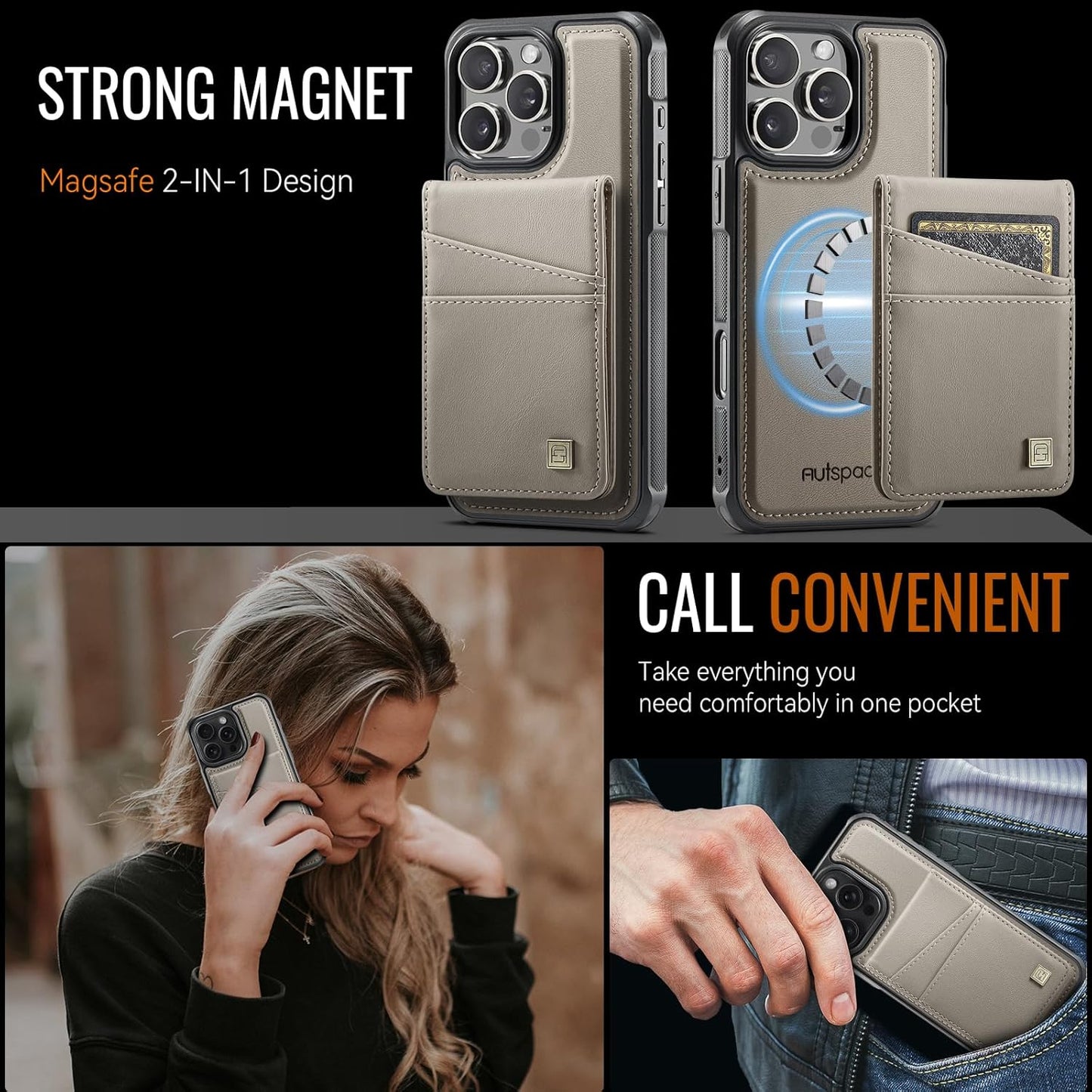 Up and down card holder mobile phone case suitable for iPhone 16 Pro, RFID (anti-theft), supports car magnetic suction function, card slot wallet holder Blue