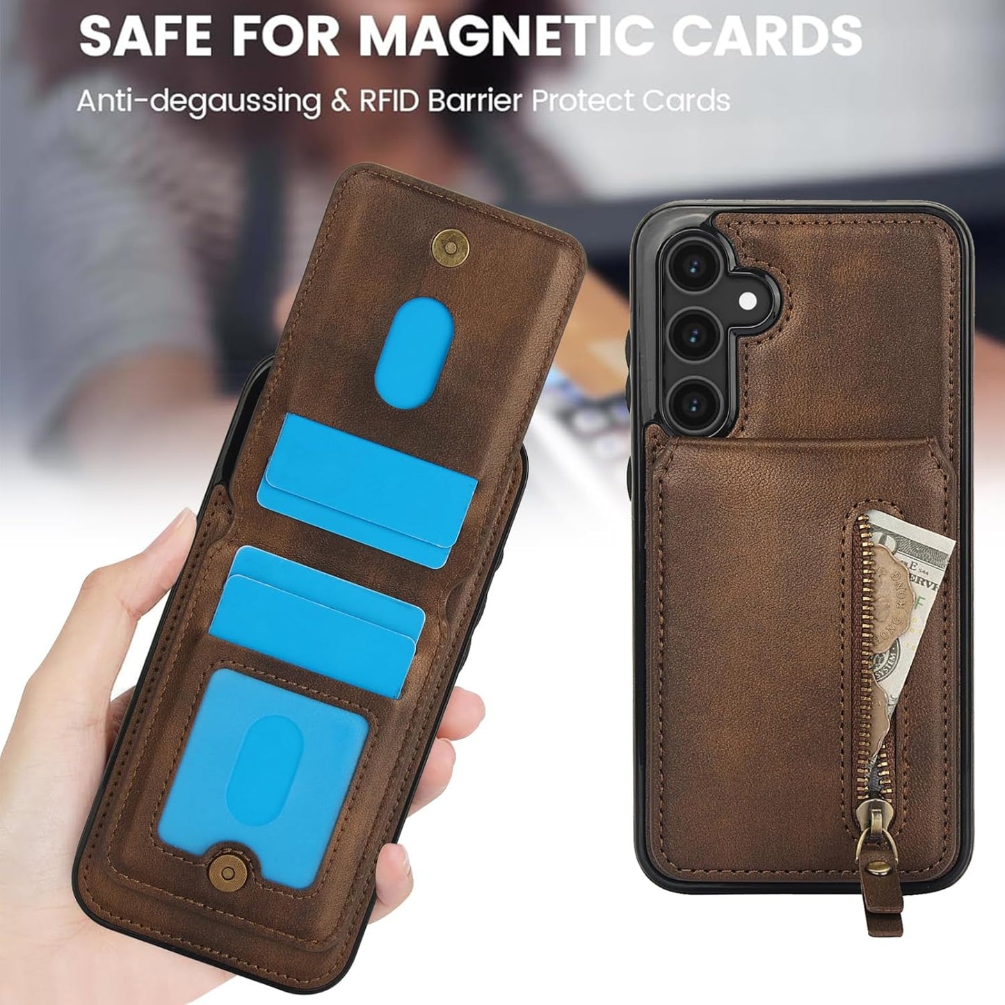 iTape Magnetic card holder phone case suitable for Samsung Galaxy S25+, zipper magnetic split magnetic wallet with adjustable bracket Pink