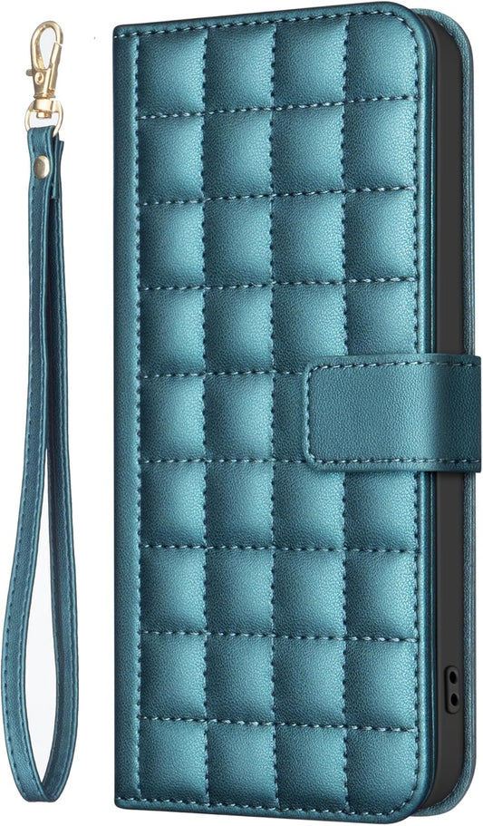 Plaid Wallet Phone Case for iPhone 16E, Wallet Phone Case, Flip Stand, Credit Card Slot Wallet With wrist strap Green