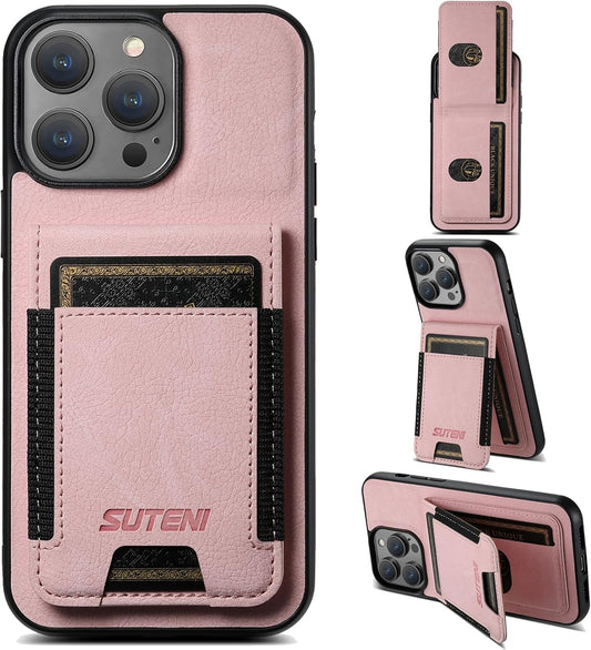 Litchi Texture Phone Case for iPhone 15 Pro - Ultra-thin Simple Card Holder Phone Case with Stand Durable Buffer [Shockproof TPU Inner Shell] Pink