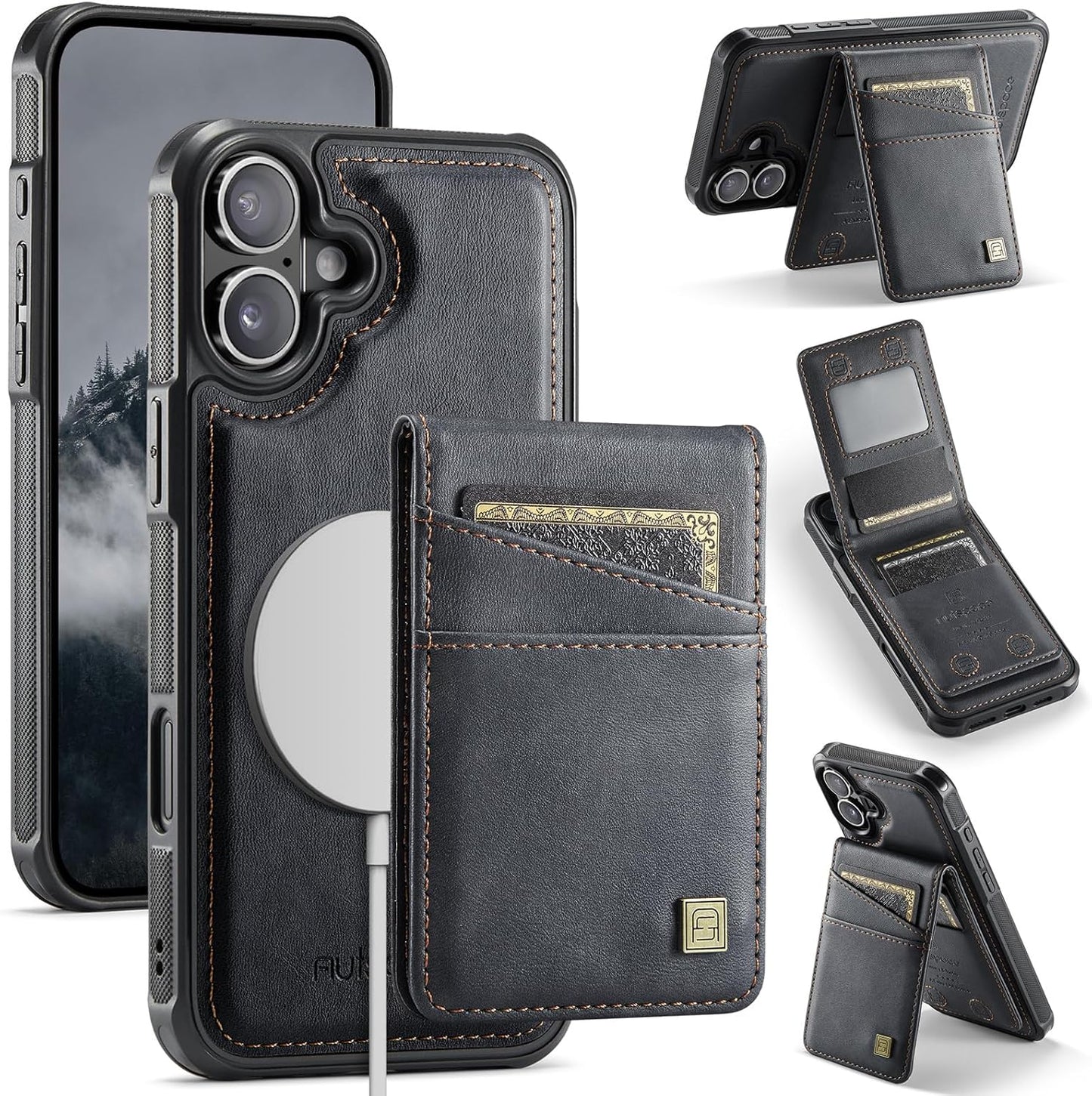 Up and down card holder mobile phone case suitable for iPhone 16 Plus, RFID (anti-theft), supports car magnetic suction function, card slot wallet holder Brown
