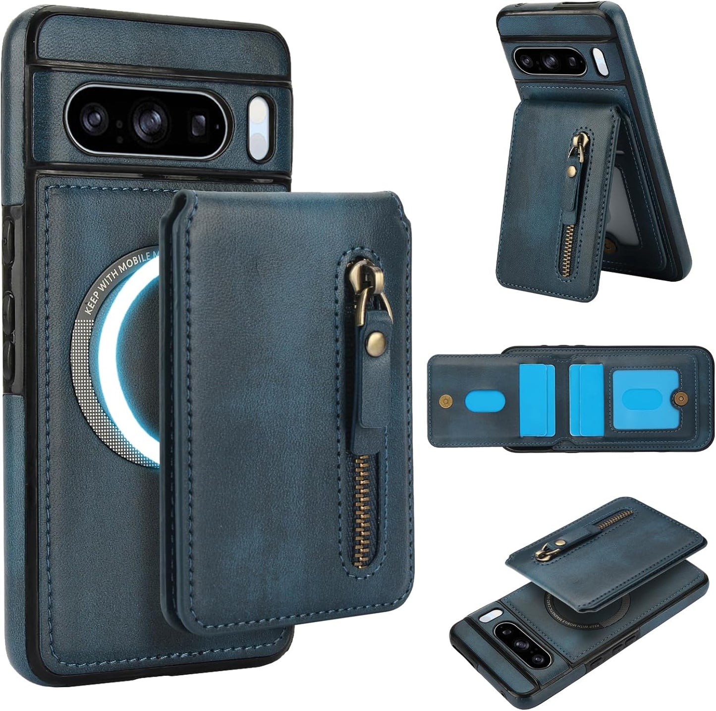 iTape Magnetic card holder phone case suitable for Google Pixel 8 Pro, zipper magnetic split magnetic wallet with adjustable bracket Brown