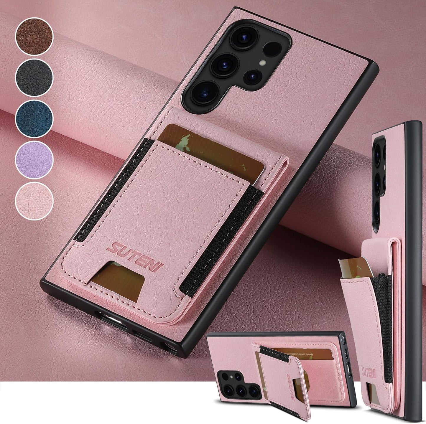 iTape Litchi Texture Phone Case for Samsung Galaxy S23 Ultra - Ultra-thin Simple Card Holder Phone Case with Stand Durable Buffer [Shockproof TPU Inner Shell] Blue