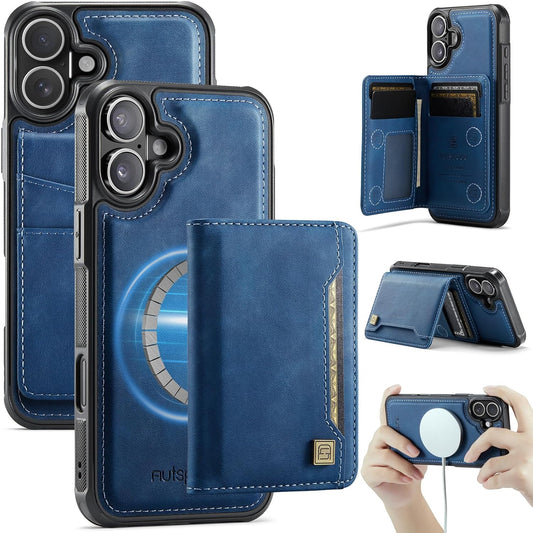 Double magnetic card holder mobile phone case for iPhone 16, RFID (anti-theft), supports car magnetic suction function + multi-directional bracket Blue