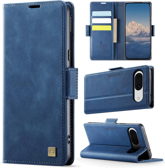 iTape Soft leather wallet case for Google Pixel 8a, RFID (anti-theft), wallet card slot flip cover stand for Google Pixel 8a Support wireless charging Blue