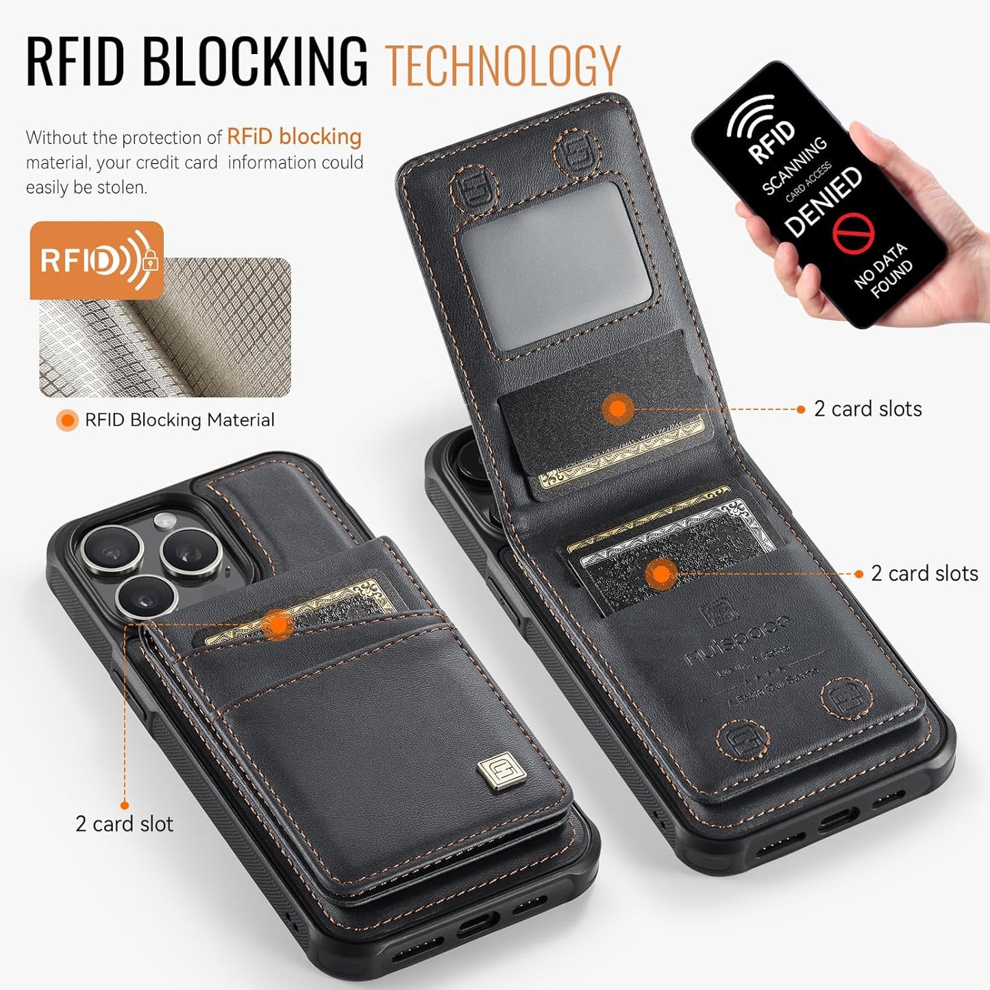 Up and down card holder mobile phone case suitable for iPhone 14 Pro max, RFID (anti-theft), supports car magnetic suction function, card slot wallet holder Black