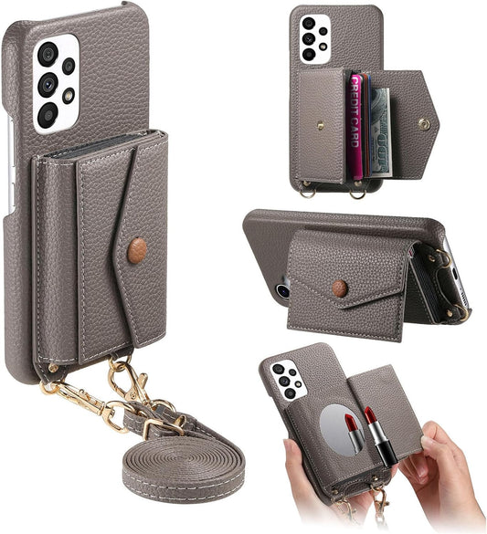 iTape Card Holder Wallet Phone Case for Samsung Galaxy A53 5G, Shockproof Ultra-thin Phone Case, Makeup Mirror with Crossbody Strap Gray