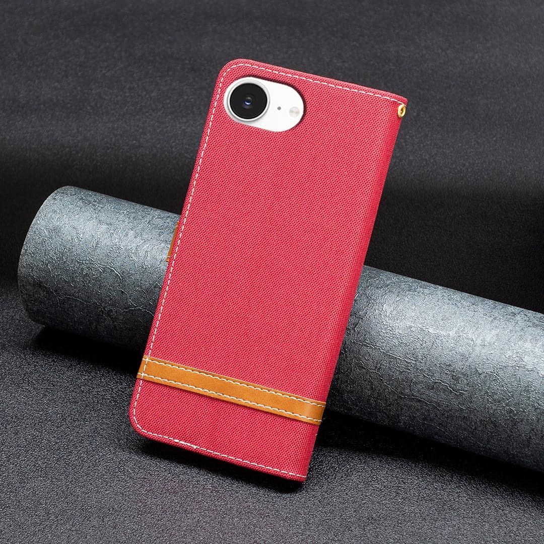 Colorblock Denim Wallet Phone Case for iPhone 16E, Wallet Phone Case Flip Stand, Credit Card Slot Wallet Wrist strap Green