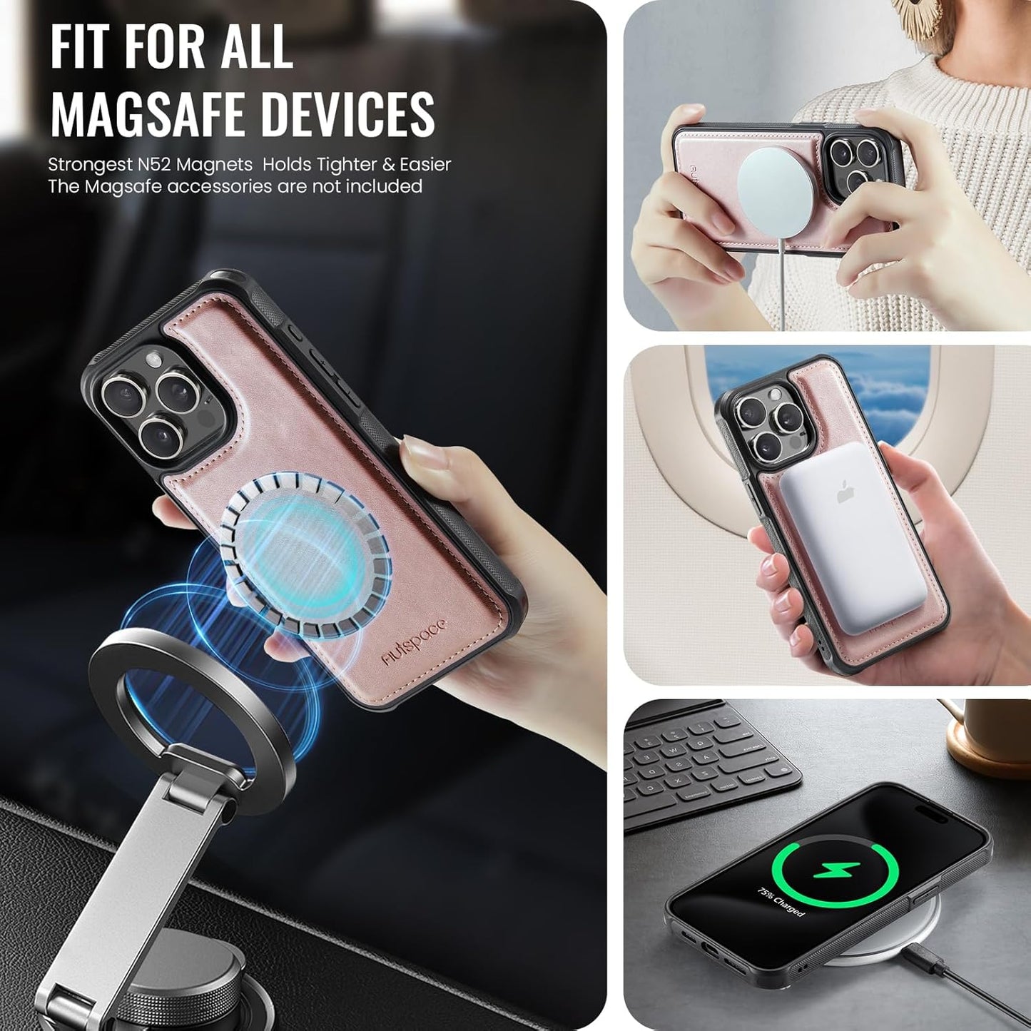 Double magnetic card holder mobile phone case for iPhone 14 Pro max, RFID (anti-theft), supports car magnetic suction function + multi-directional bracket Gray