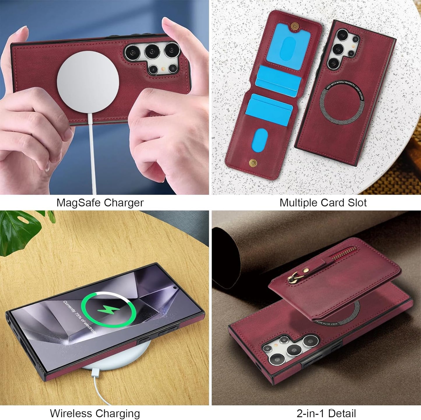 iTape Magnetic Card Holder Phone case Suitable for Samsung Galaxy S24 Ultra, Zipper Magnetic Split Magnetic Wallet with Adjustable Bracket