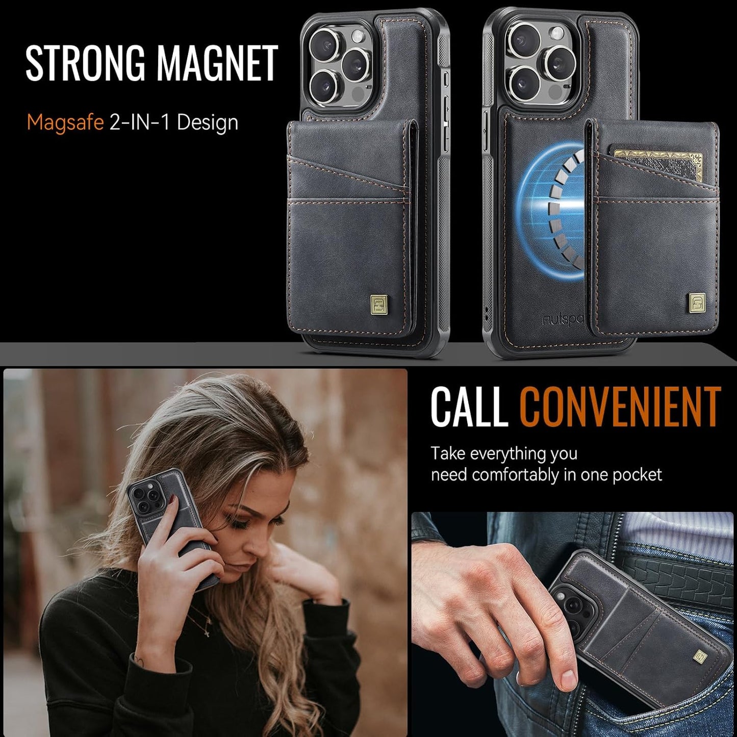 Up and down card holder mobile phone case suitable for iPhone 14 Pro max, RFID (anti-theft), supports car magnetic suction function, card slot wallet holder Black