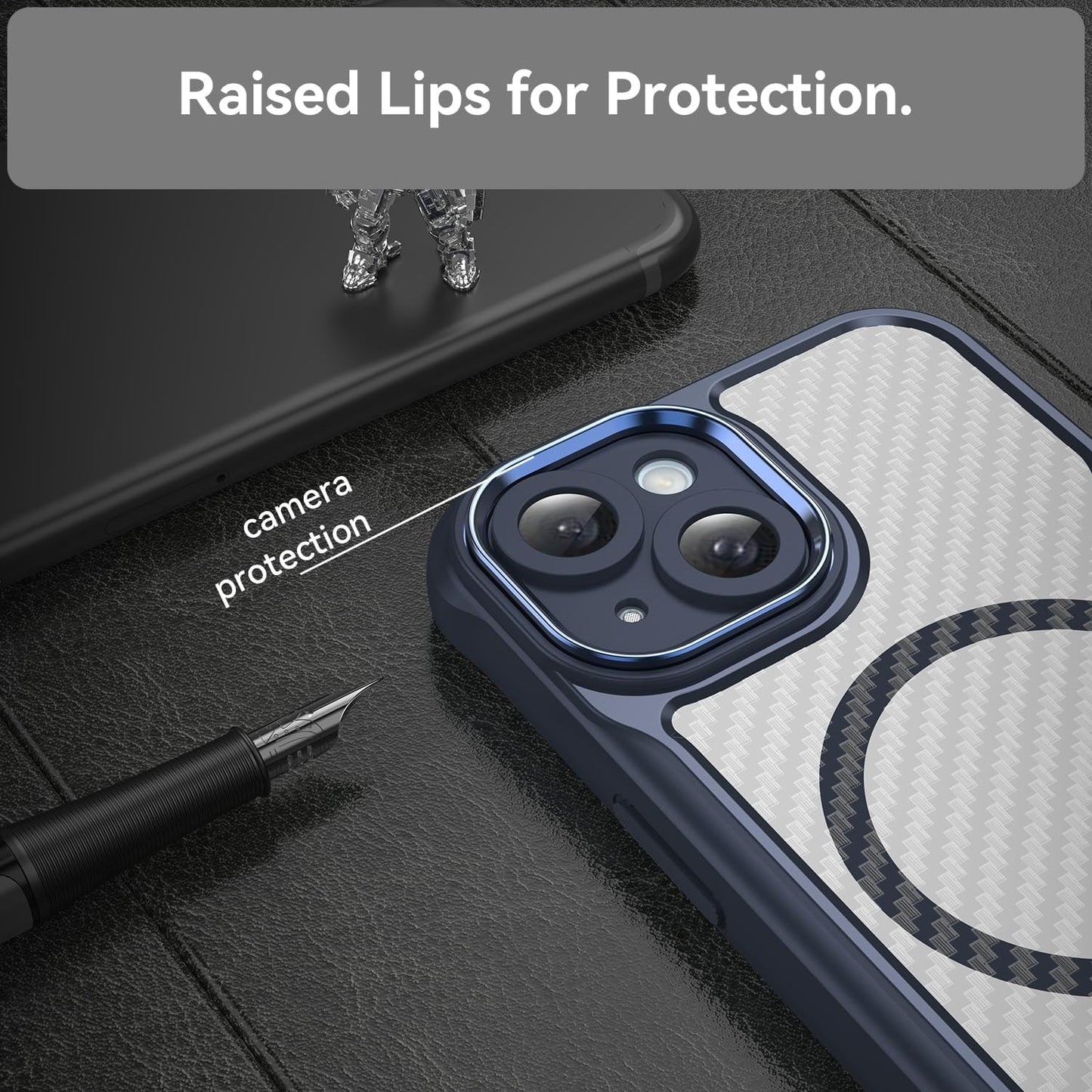 Magnetic carbon fibre case for iPhone 15, support wireless charging, carbon fibre shockproof slim case Blue