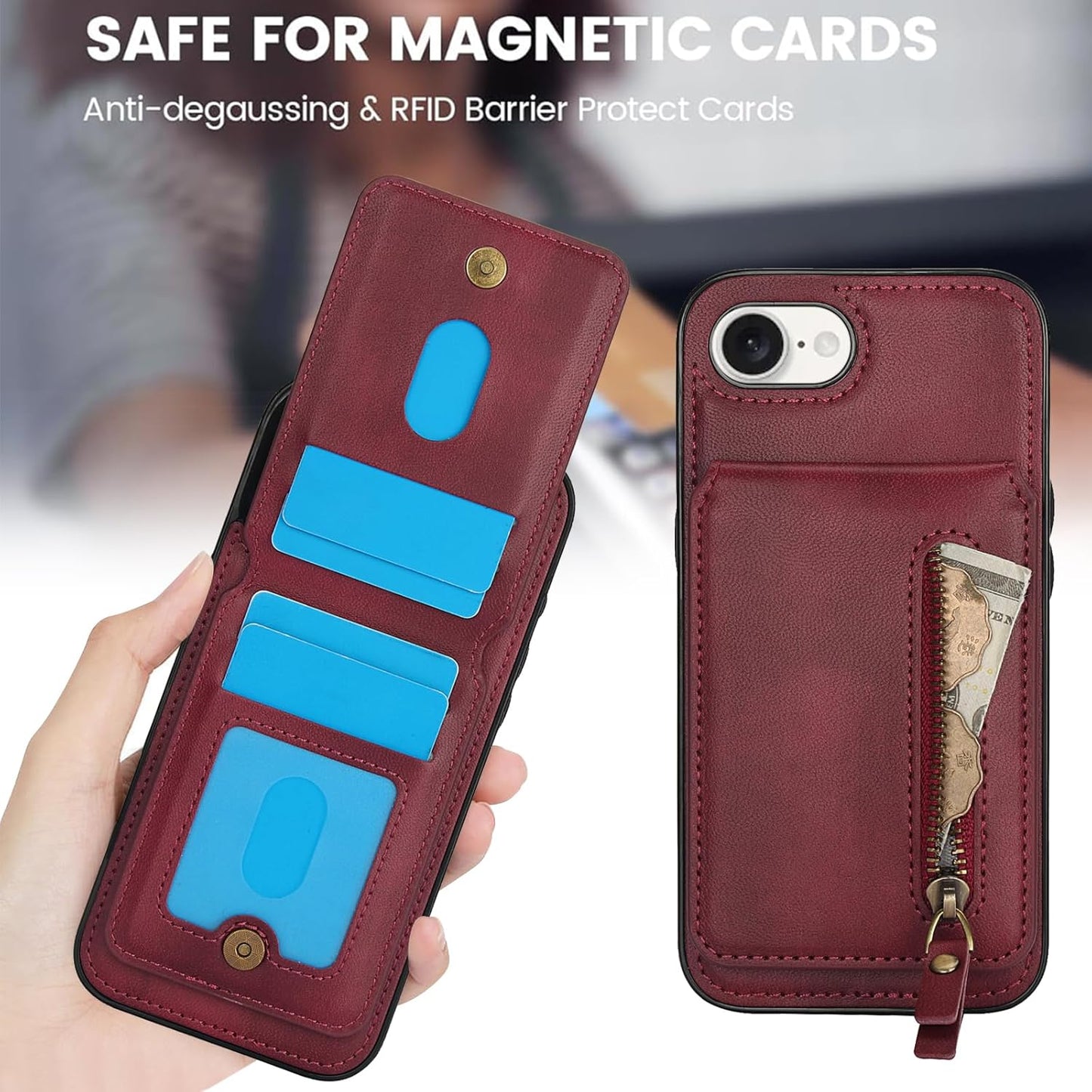 Magnetic card holder phone case suitable for iPhone 16E, zipper magnetic split magnetic wallet with adjustable bracket