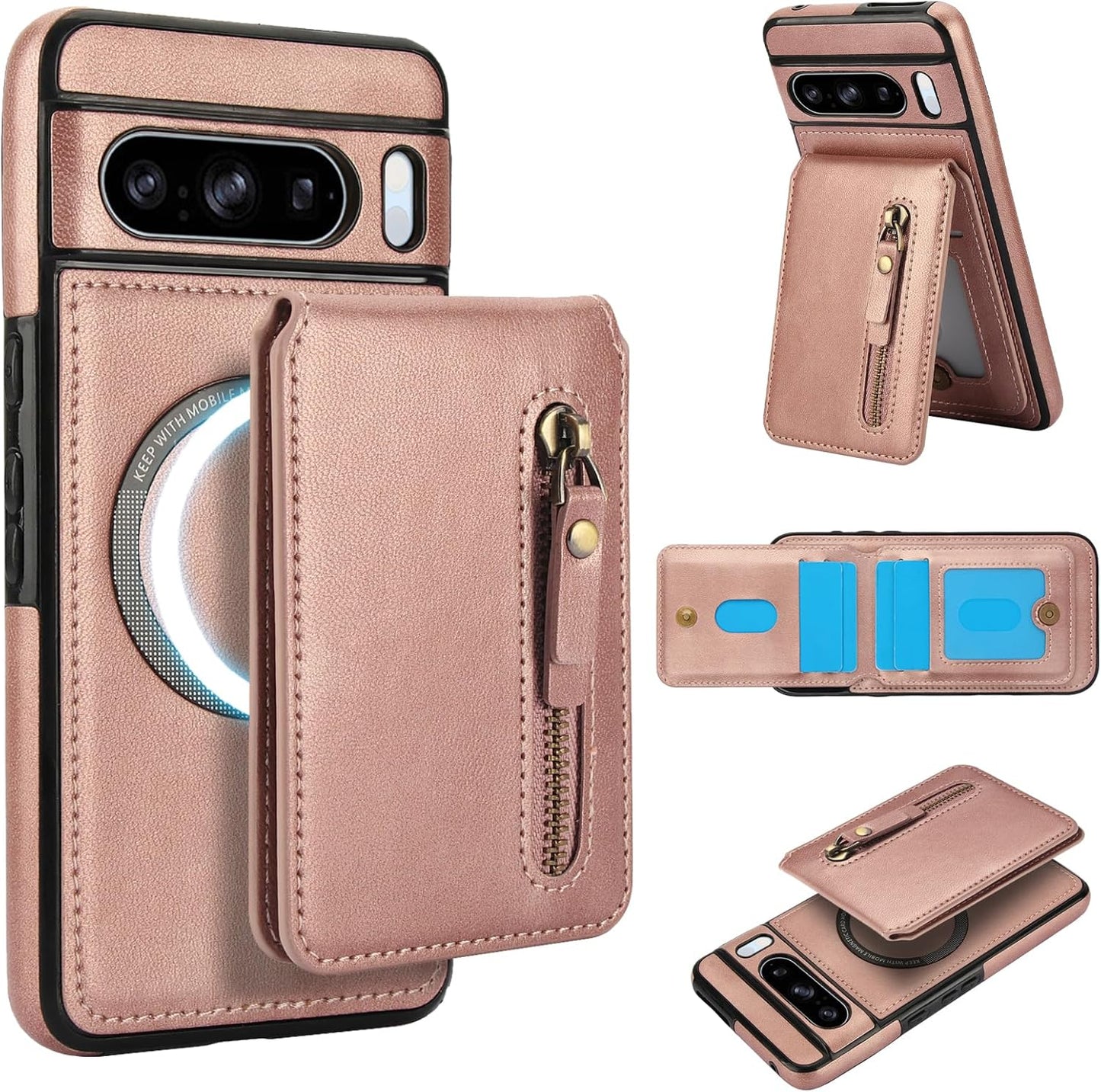 iTape Magnetic card holder phone case suitable for Google Pixel 8 Pro, zipper magnetic split magnetic wallet with adjustable bracket Brown