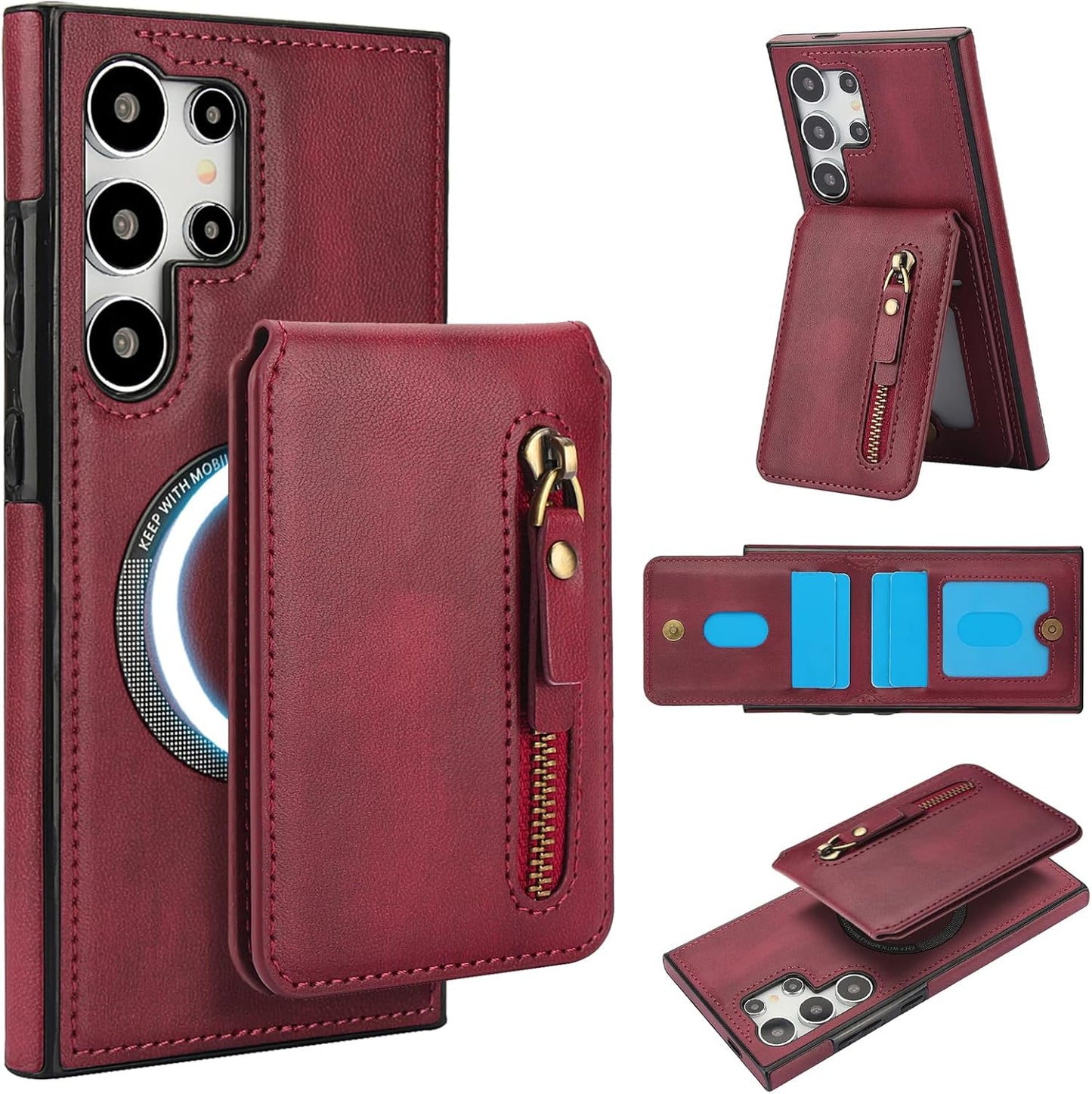 iTape Magnetic Card Holder Phone case Suitable for Samsung Galaxy S24 Ultra, Zipper Magnetic Split Magnetic Wallet with Adjustable Bracket