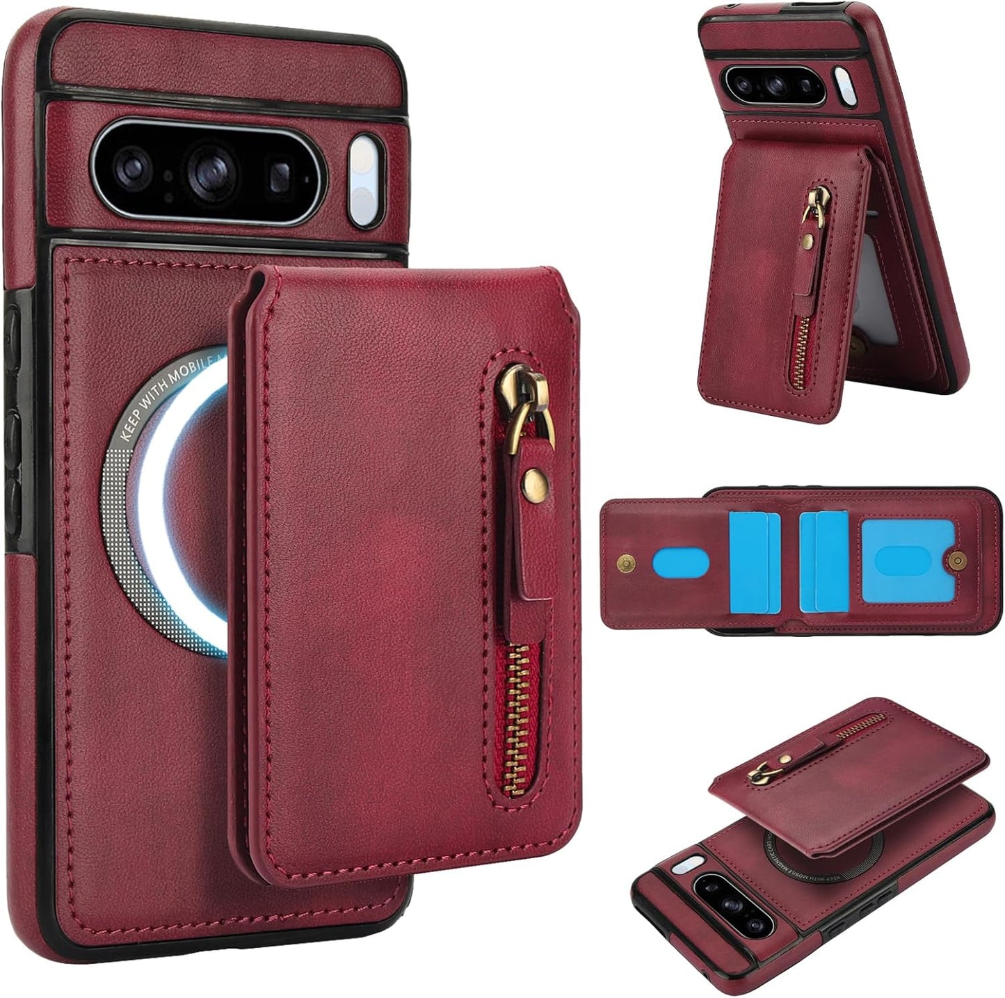 iTape Magnetic card holder phone case suitable for Google Pixel 8 Pro, zipper magnetic split magnetic wallet with adjustable bracket Brown