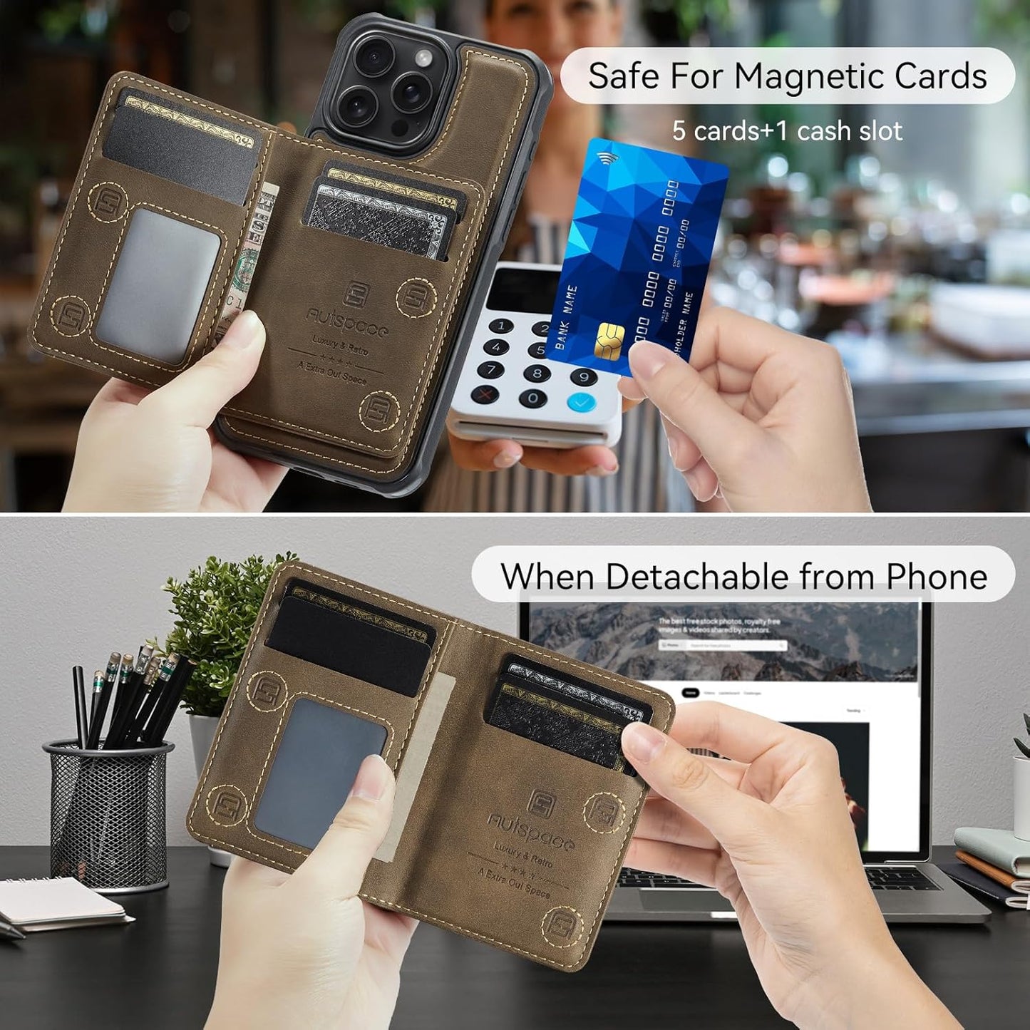 Double magnetic card holder mobile phone case for iPhone 16 Pro, RFID (anti-theft), supports car magnetic suction function + multi-directional bracket Blue
