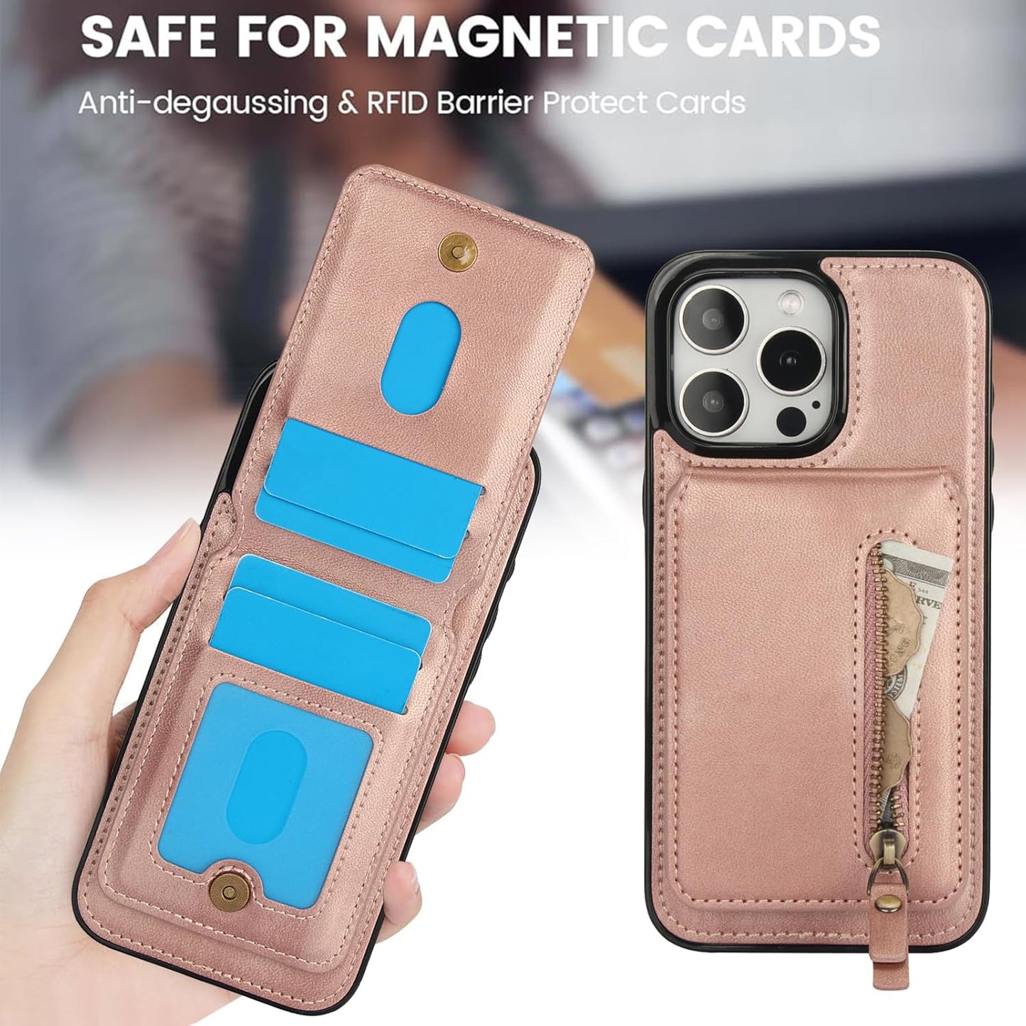 Magnetic card holder phone case suitable for iPhone 15 Pro max, zipper magnetic split magnetic wallet with adjustable bracket Brown