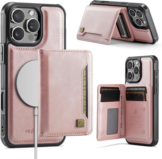 Double magnetic card holder mobile phone case for iPhone 16 Pro max, RFID (anti-theft), supports car magnetic suction function + multi-directional bracket Rose Gold