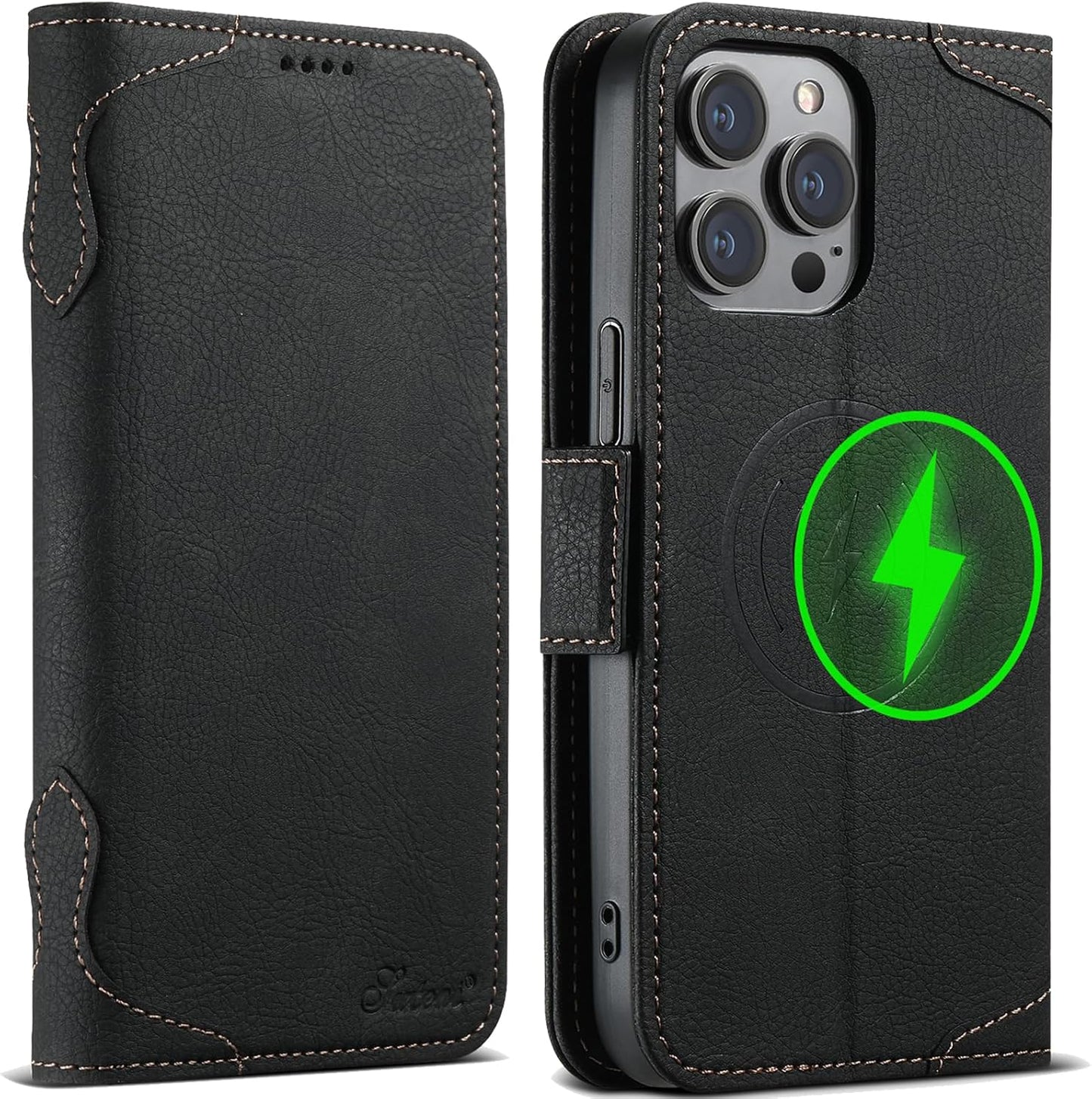 Wallet Case for iPhone 13 Pro Magsafe Charger Compatible, Magnetic Buckle Leather Case, Card Slot Stand Shock Cover Black