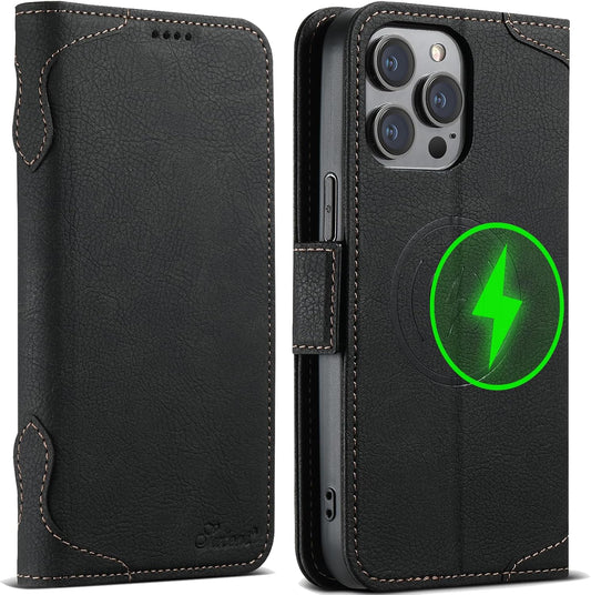 Wallet Case for iPhone 13 Pro Magsafe Charger Compatible, Magnetic Buckle Leather Case, Card Slot Stand Shock Cover Black