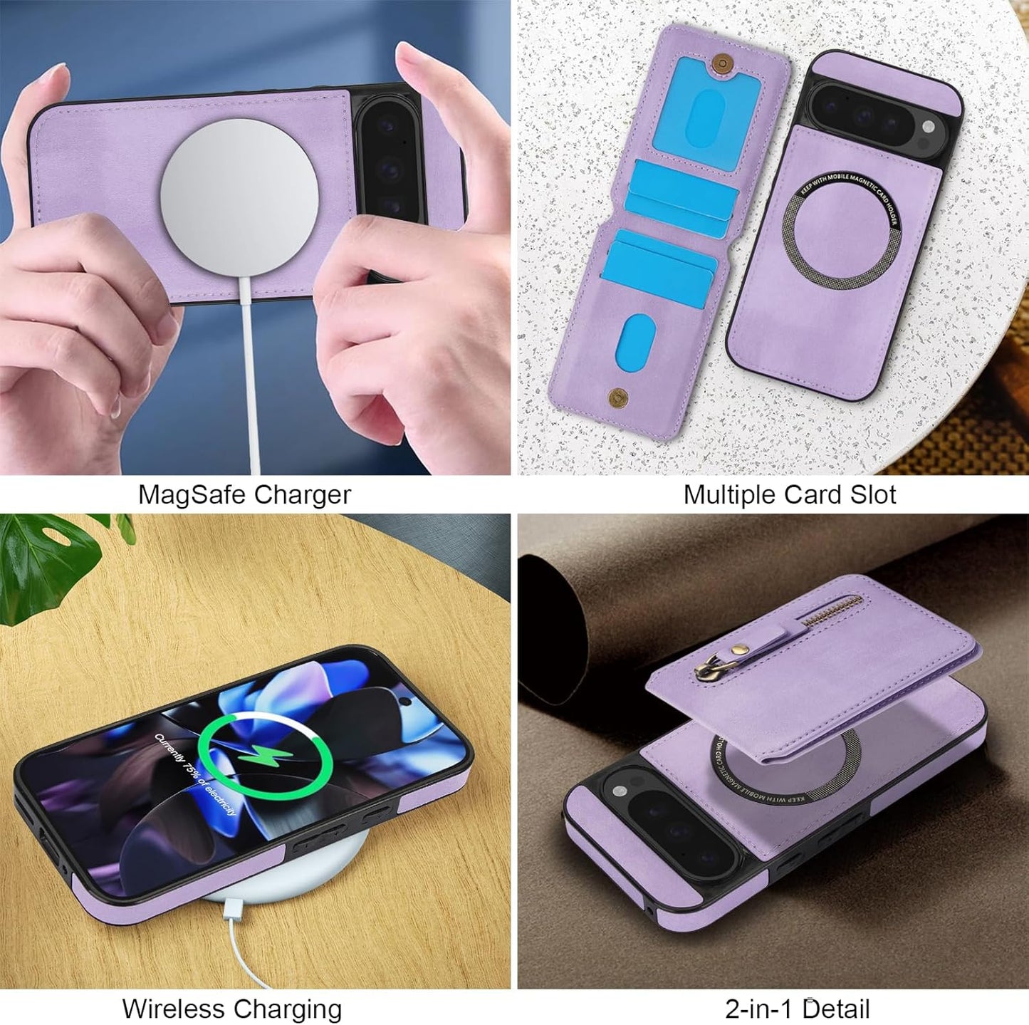 iTape Magnetic card holder phone case suitable for Google Pixel 9 Pro, zipper magnetic split magnetic wallet with adjustable bracket