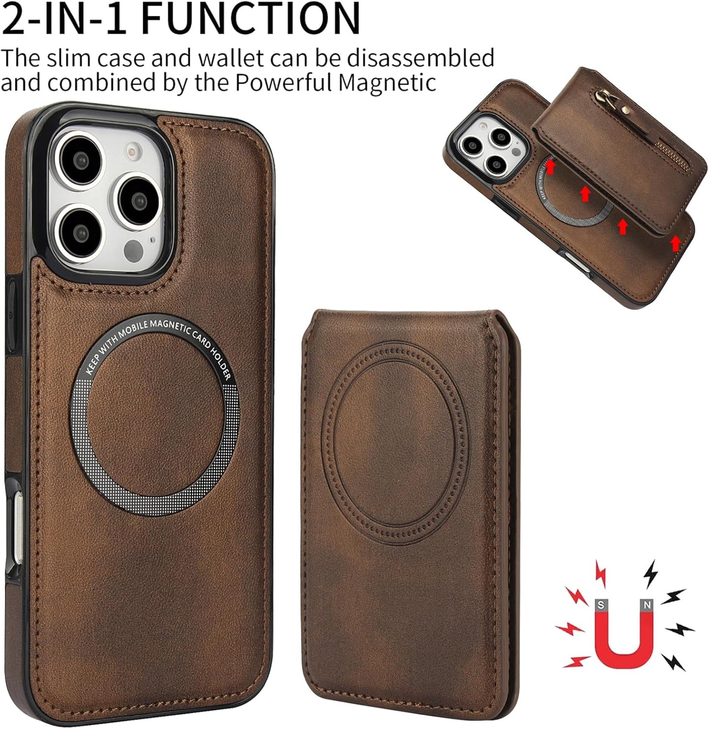 Magnetic card holder phone case suitable for iPhone 16 Pro, zipper magnetic split magnetic wallet with adjustable bracket Brown