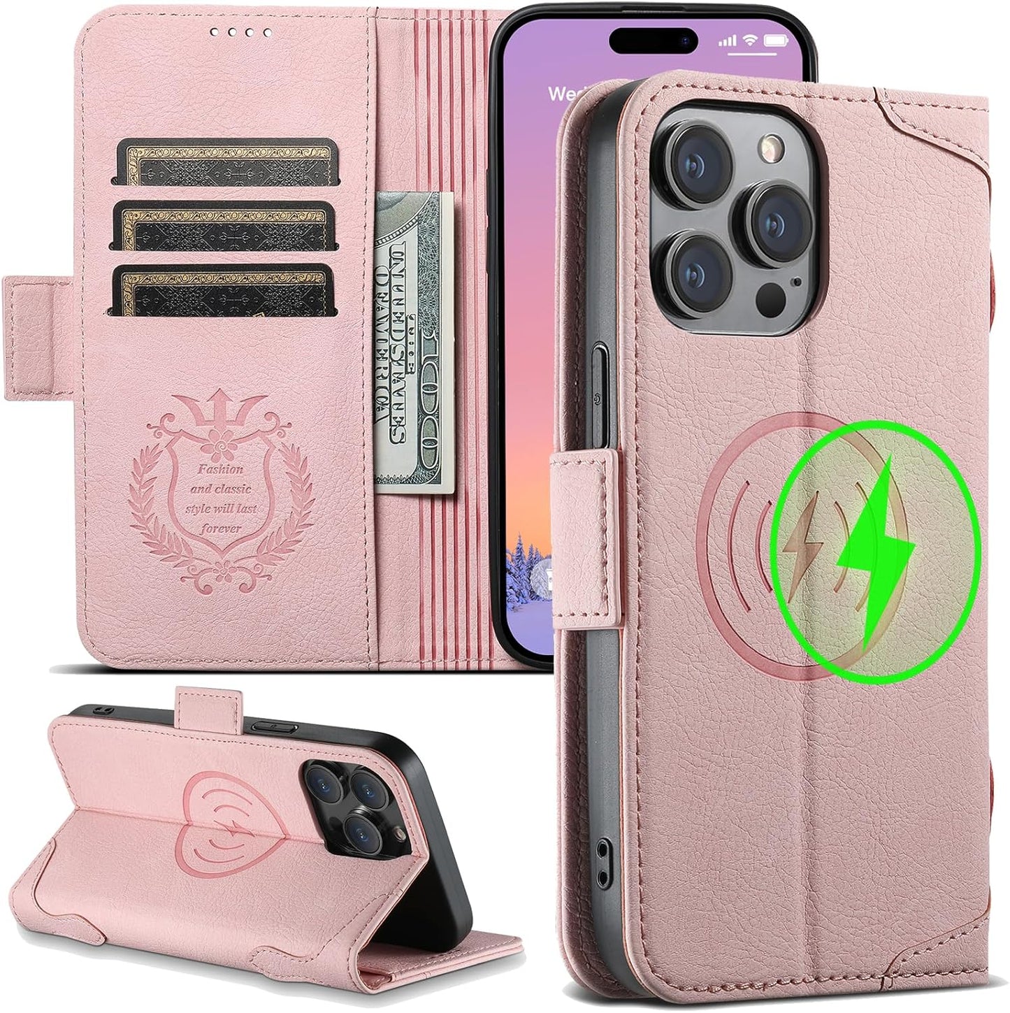 Wallet Case for iPhone 13 Pro Magsafe Charger Compatible, Magnetic Buckle Leather Case, Card Slot Stand Shock Cover Black
