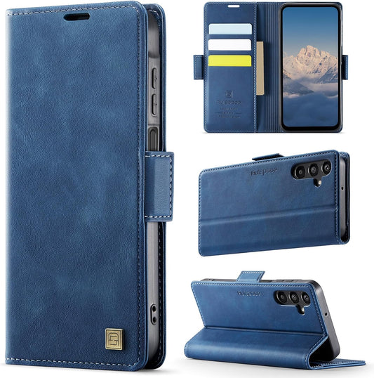 iTape Soft leather wallet case for Samsung Galaxy A14, RFID (anti-theft), wallet card slot flip cover stand for Samsung Galaxy A14 Support wireless charging Blue