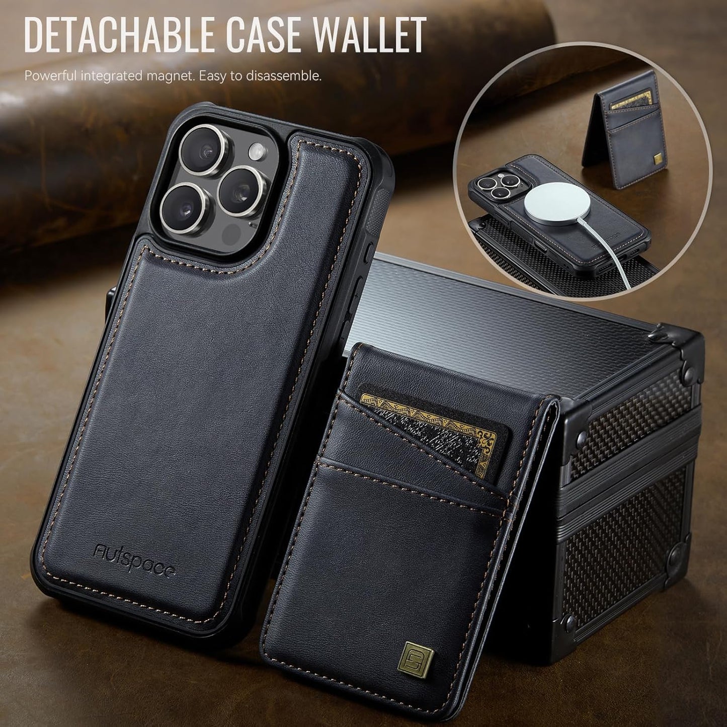 Up and down card holder mobile phone case suitable for iPhone 16 Pro, RFID (anti-theft), supports car magnetic suction function, card slot wallet holder Blue