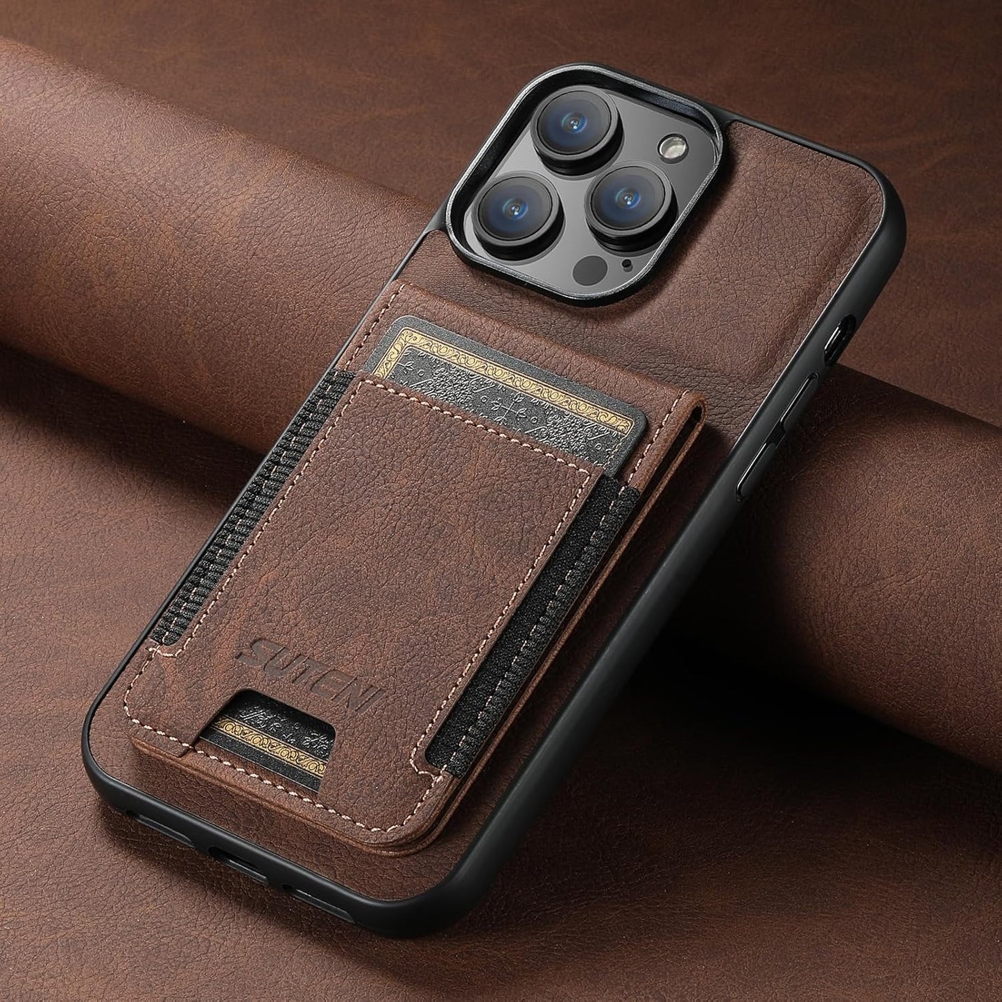Litchi Texture Phone Case for iPhone 14 Pro max - Ultra-thin Simple Card Holder Phone Case with Stand Durable Buffer [Shockproof TPU Inner Shell] Brown